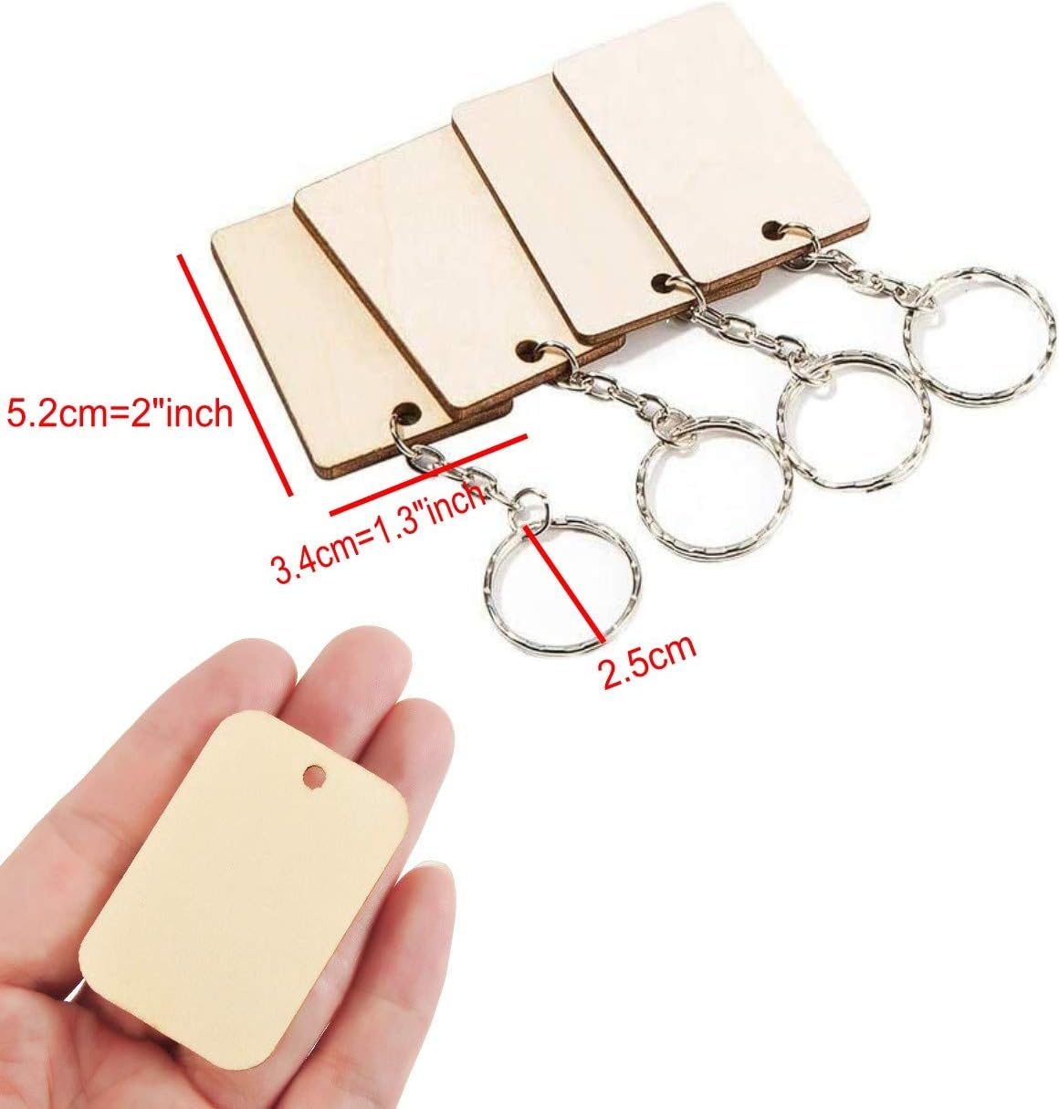 Petluno 100 x Rectangle Unfinished Wooden Planks Pieces of Wood with Holes and Keyrings for Crafting