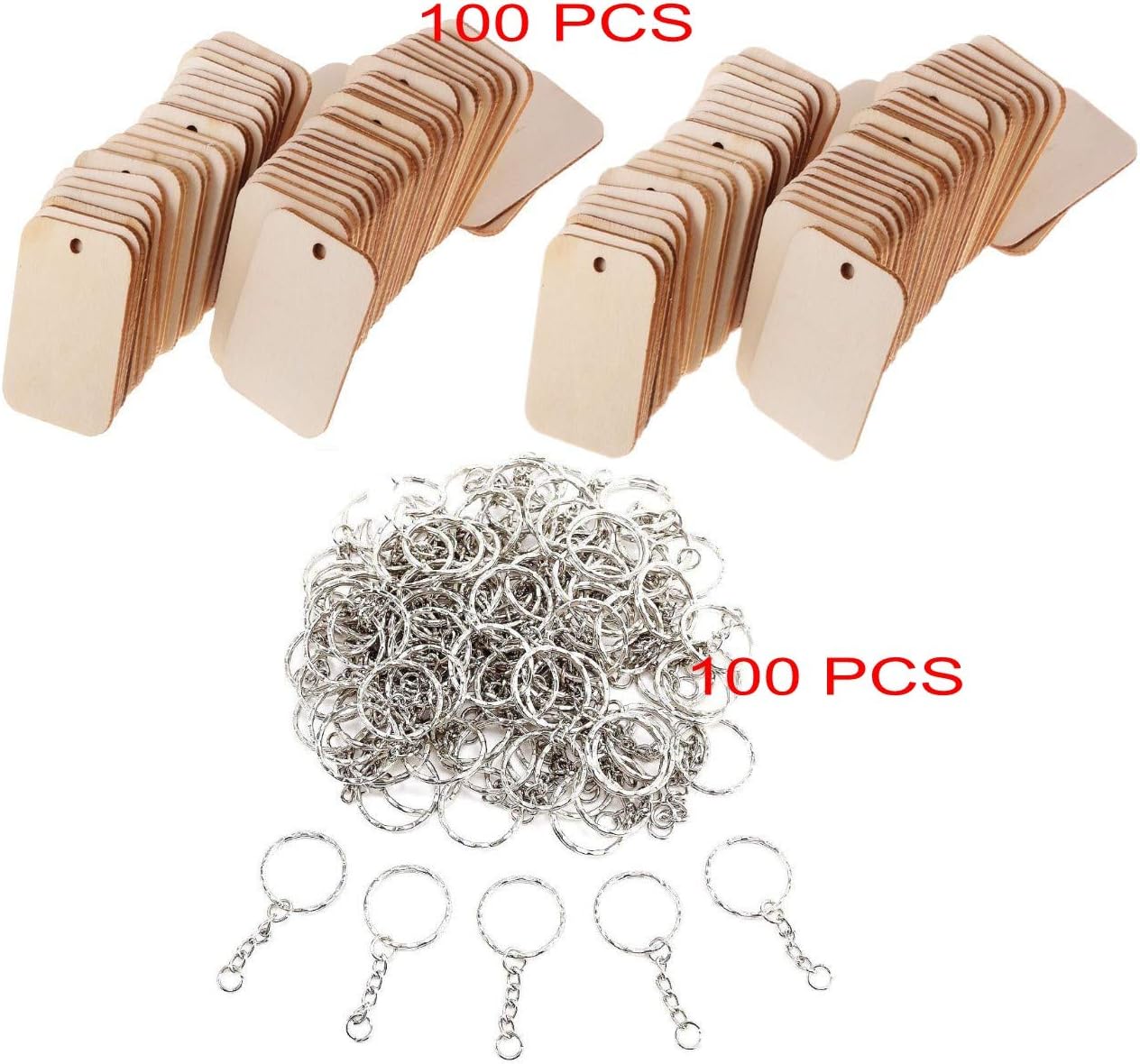 Petluno 100 x Rectangle Unfinished Wooden Planks Pieces of Wood with Holes and Keyrings for Crafting