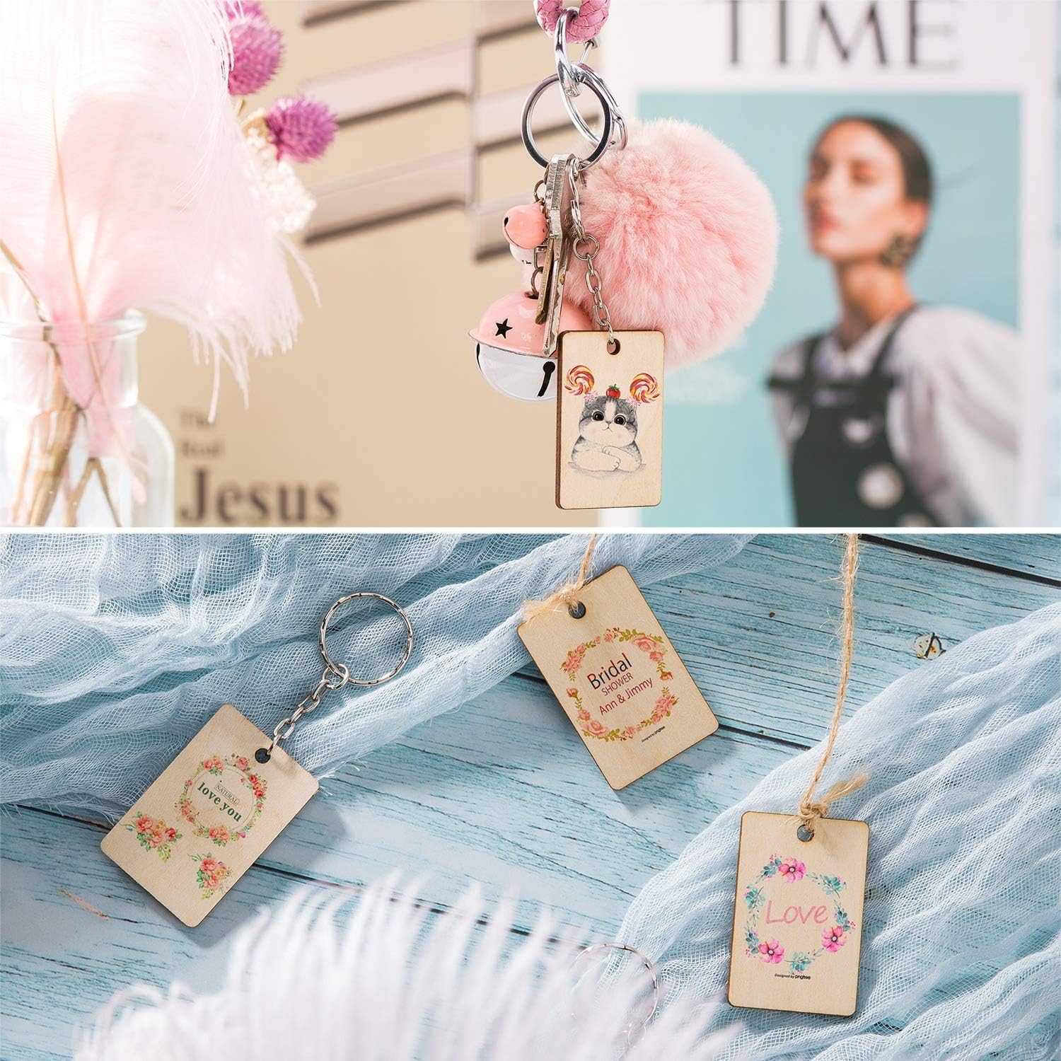 Petluno 100 x Rectangle Unfinished Wooden Planks Pieces of Wood with Holes and Keyrings for Crafting