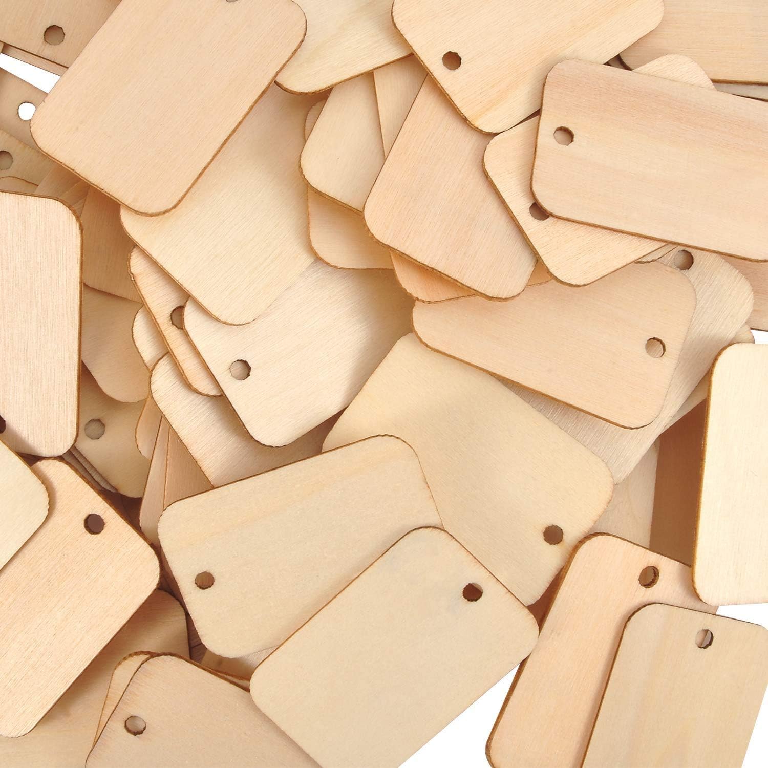 Petluno 100 x Rectangle Unfinished Wooden Planks Pieces of Wood with Holes and Keyrings for Crafting
