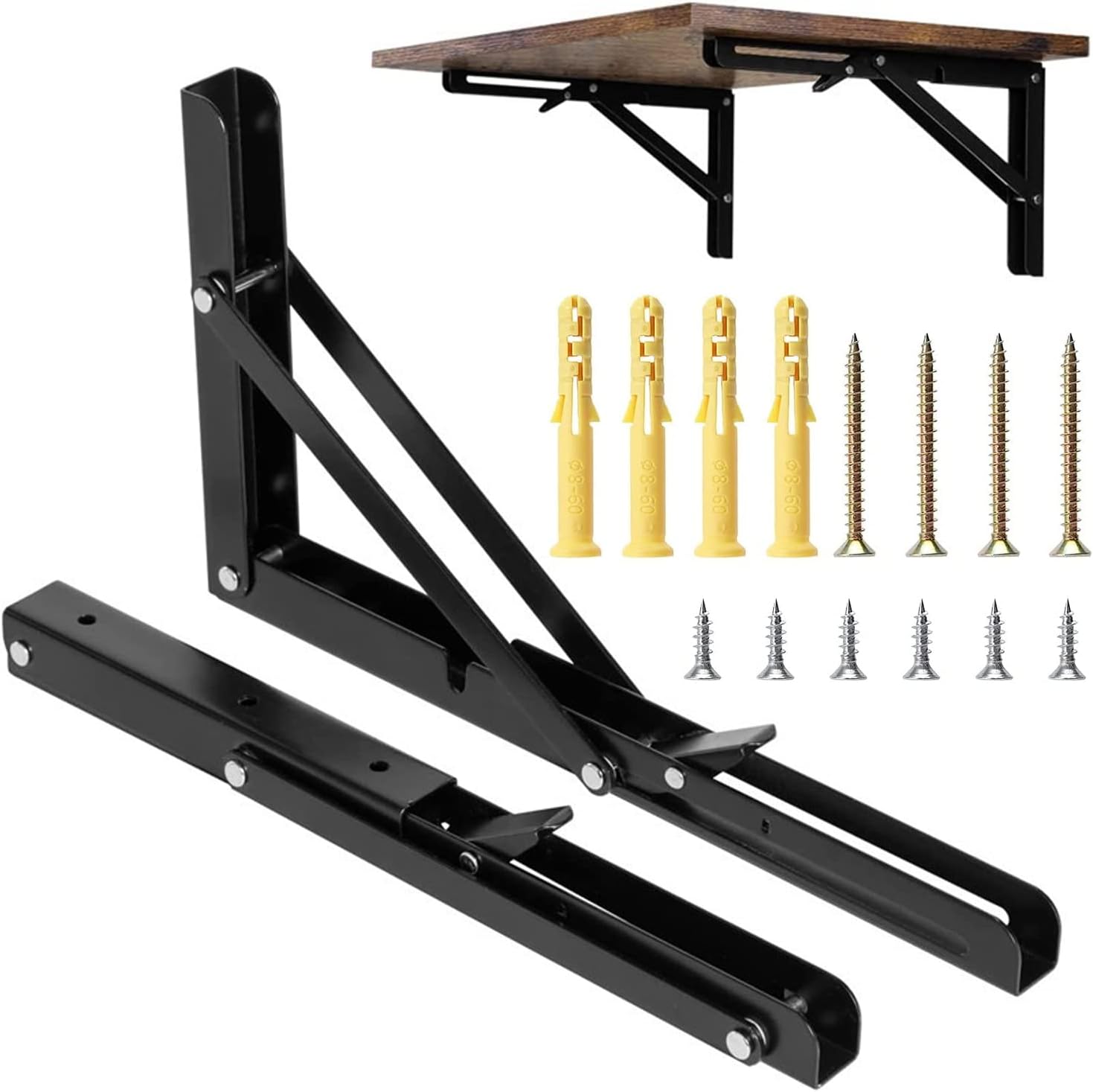 2 Pack 12 Inch Folding Shelf Brackets, Heavy Duty Metal Wall Mounted Triangle Table Bench Max Load 220lb Collapsible Shelf Hinge with Screws for DIY Bracket, Work Table & Bench