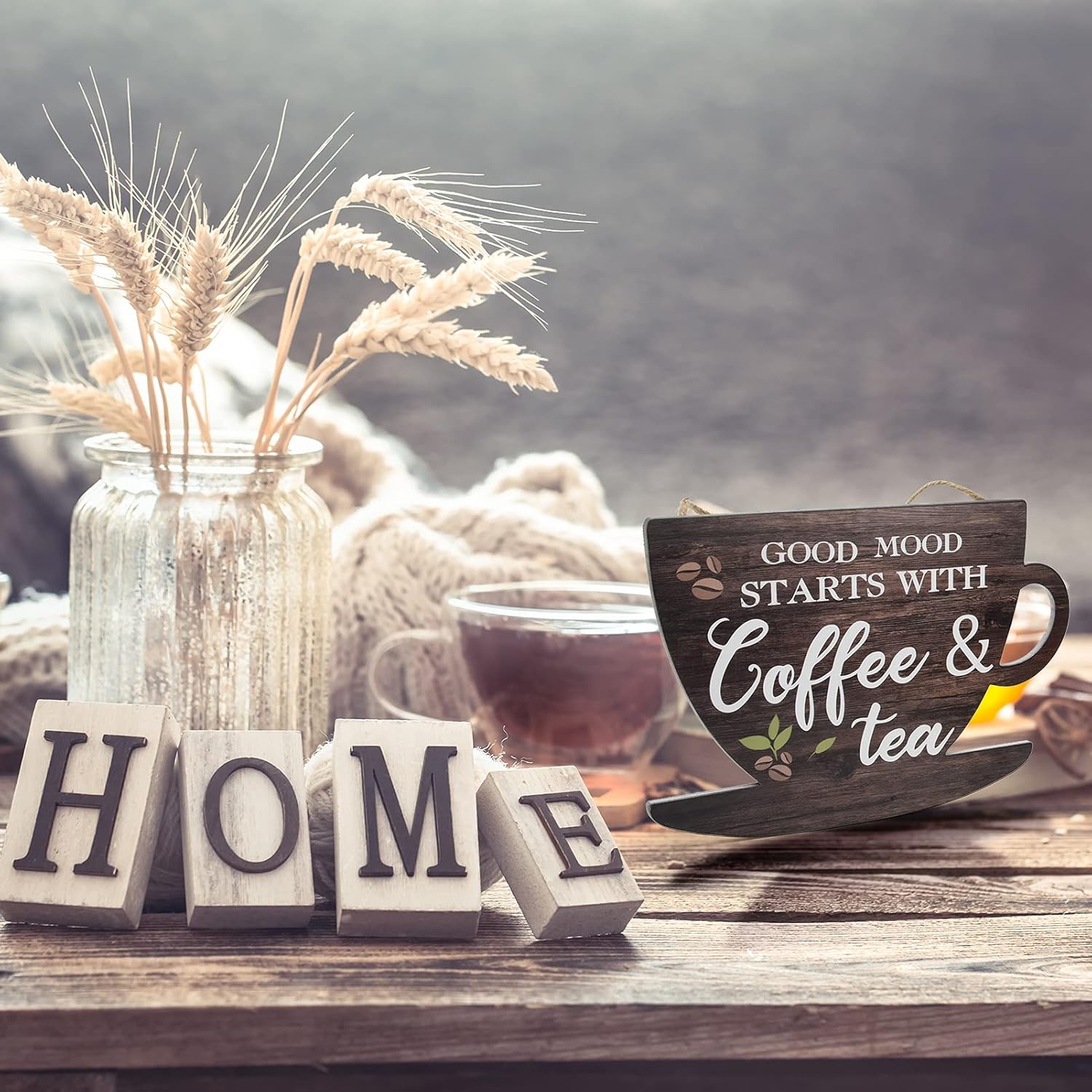 Wooden Coffee Sign Good Moon Starts with Coffee & Tea Hanging Plaque Coffee Sign Farmhouse Decorative for Kitchen Bar Decor Coffee Lover