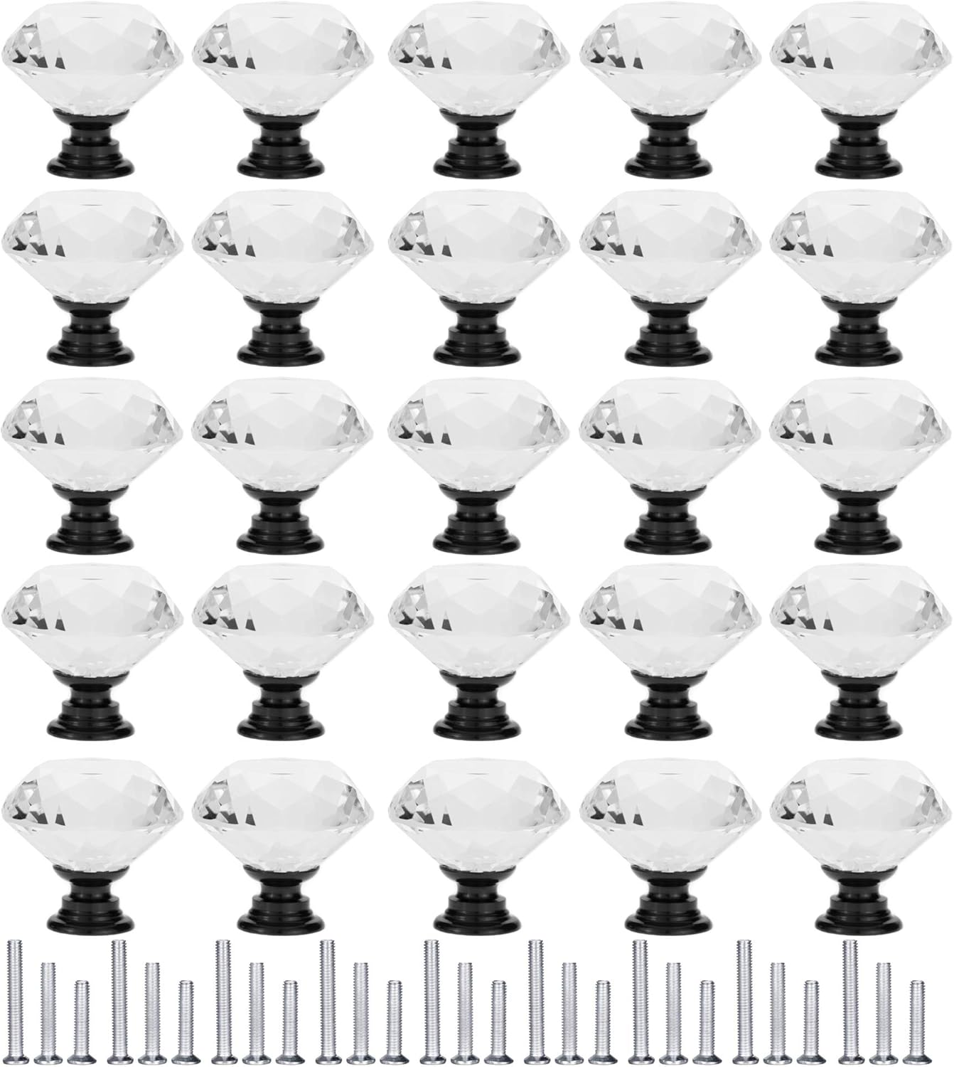 25 Pack Drawer Knobs Diamond Shaped Crystal Glass 30mm Cabinet Knobs Pull Handles (30mm, 25 Pack, Black)