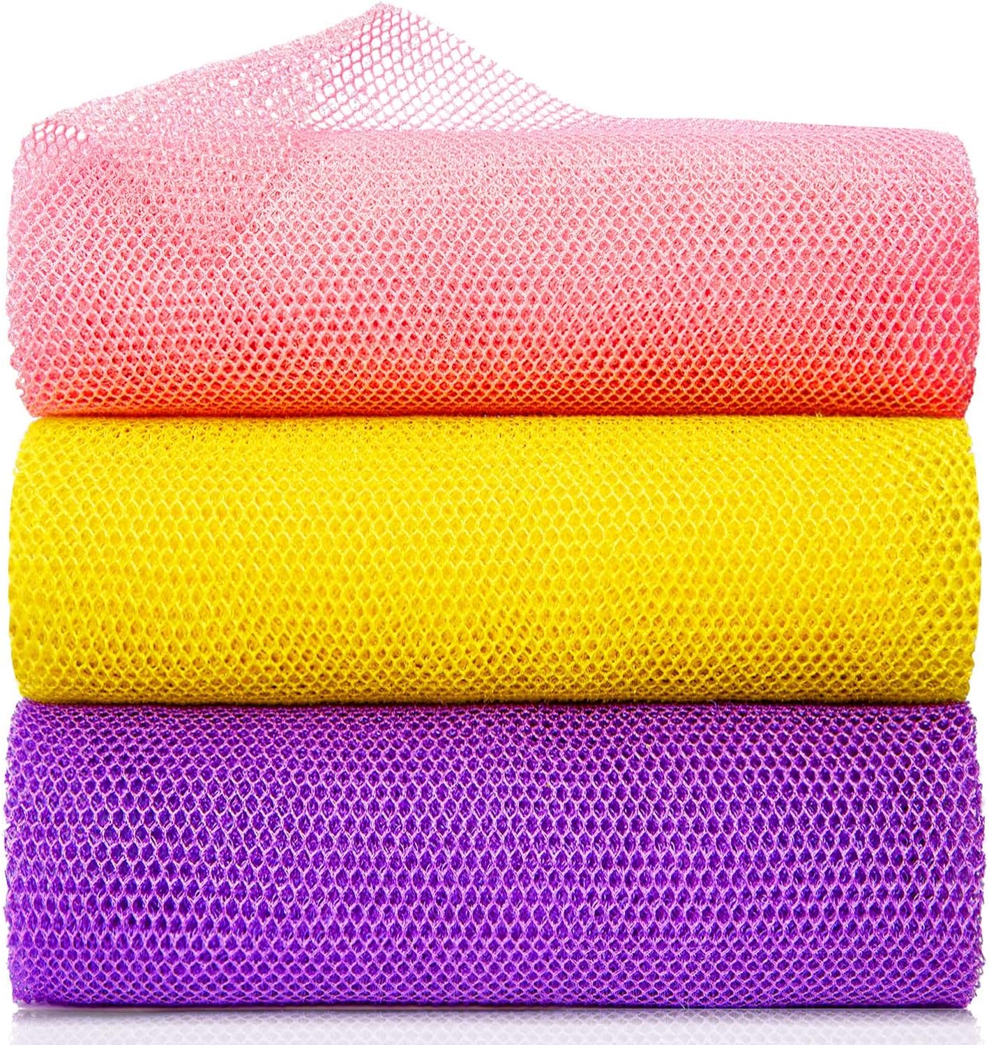 3 Pieces African Bath Sponge Exfoliating Scrubbing Long Net Rag Wash Shower Body Scrubber, Yellow Pink Purple