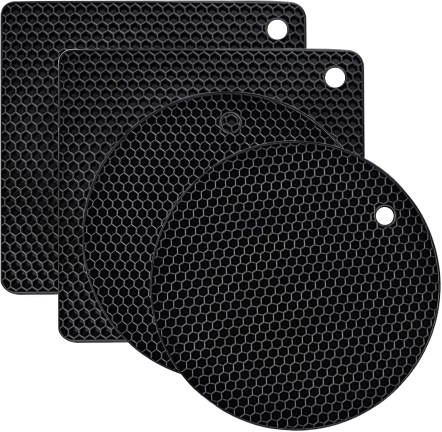 4 Pack Silicone Trivet Mats, Heat Resistant Pot Holders Non-Slip Hot Pads for Kitchen, Silicone Trivets for hot pots 2 Square and 2 Round Mats (Black)