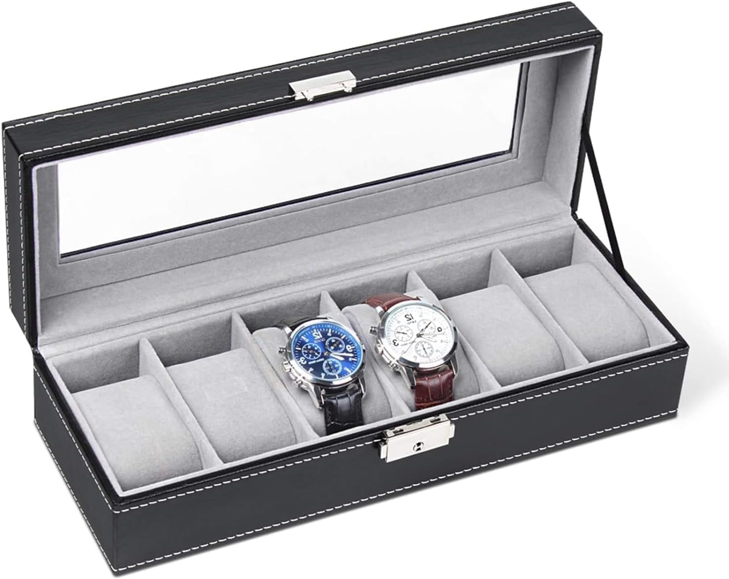 6-slot Leather Watch Box, Watch Box Organizer Glass jewelry Storage Black