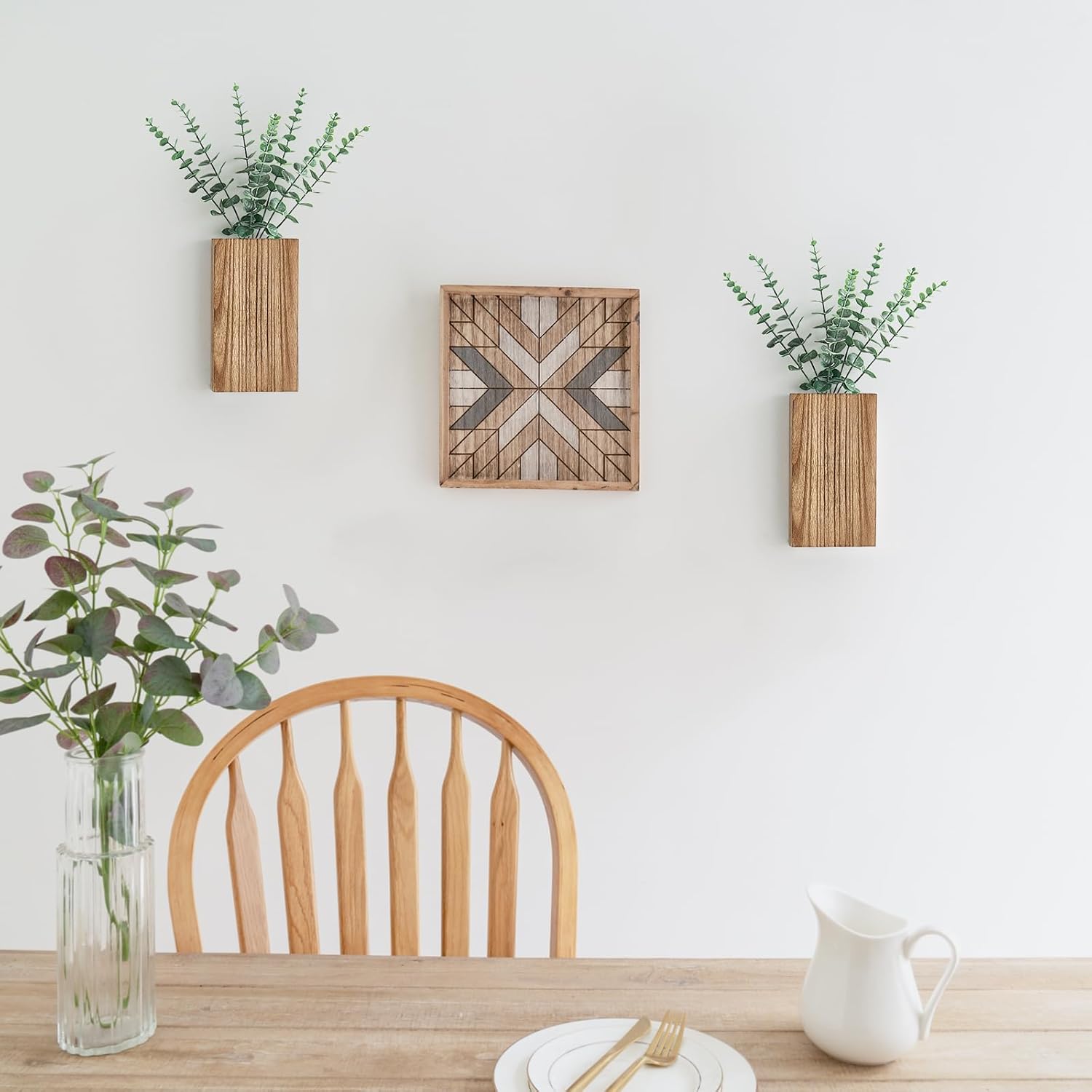 2 Pack Wood Wall Planter Vase with Artificial Eucalyptus Farmhouse Wall Hanging Decor Pocket Planter for Indoor Fake Plants Greenery Flowers