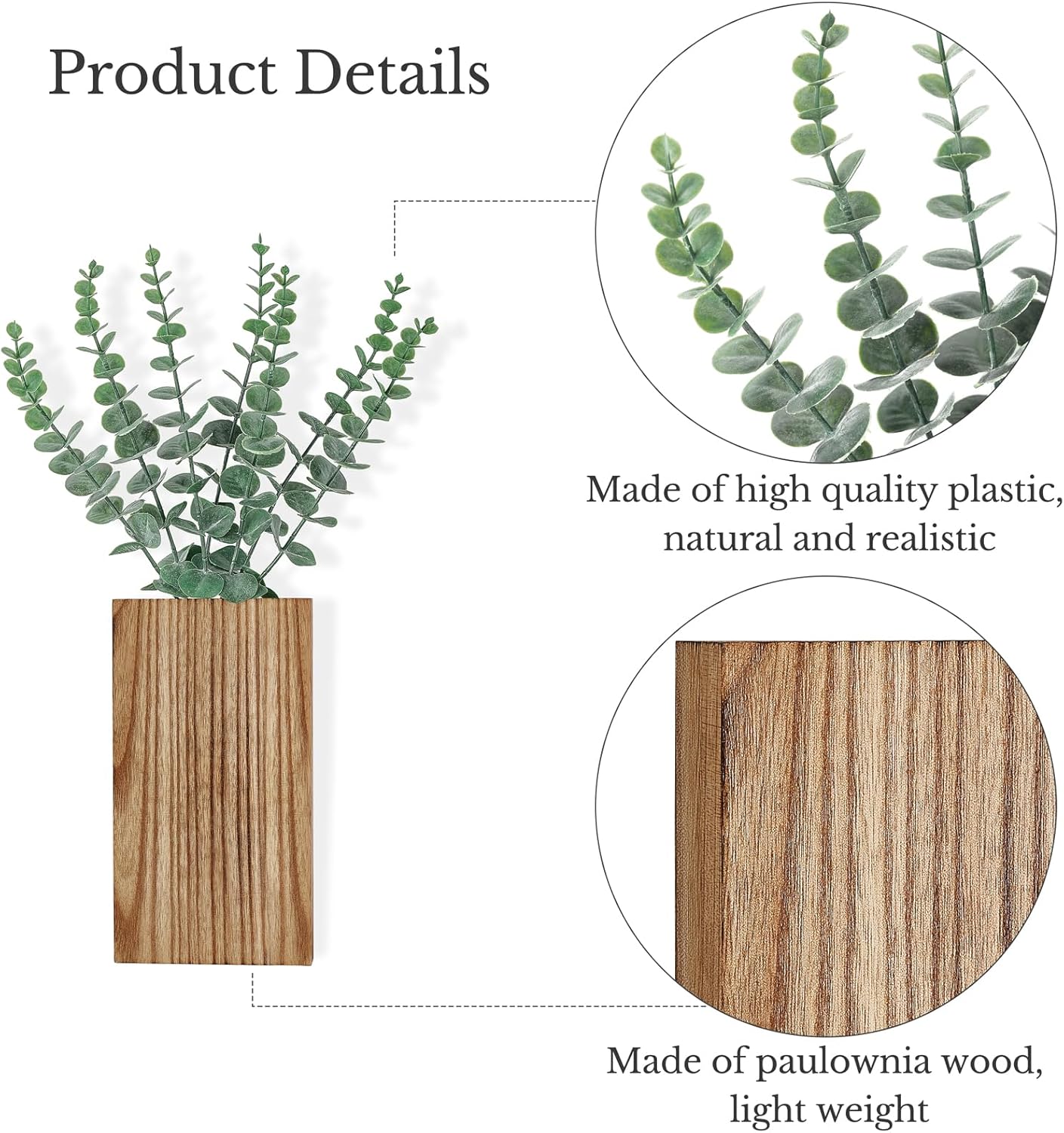2 Pack Wood Wall Planter Vase with Artificial Eucalyptus Farmhouse Wall Hanging Decor Pocket Planter for Indoor Fake Plants Greenery Flowers