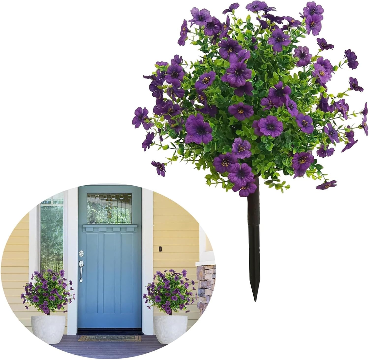 Artificial Boxwood Topiary Balls Trees with Flowers for Outdoor Fake Plants with Ground Spike 24 Inch Resistant Faux Greenery Shrubs Faux Plants for Front Door Garden Yard Porch Patio Decor (Purple)