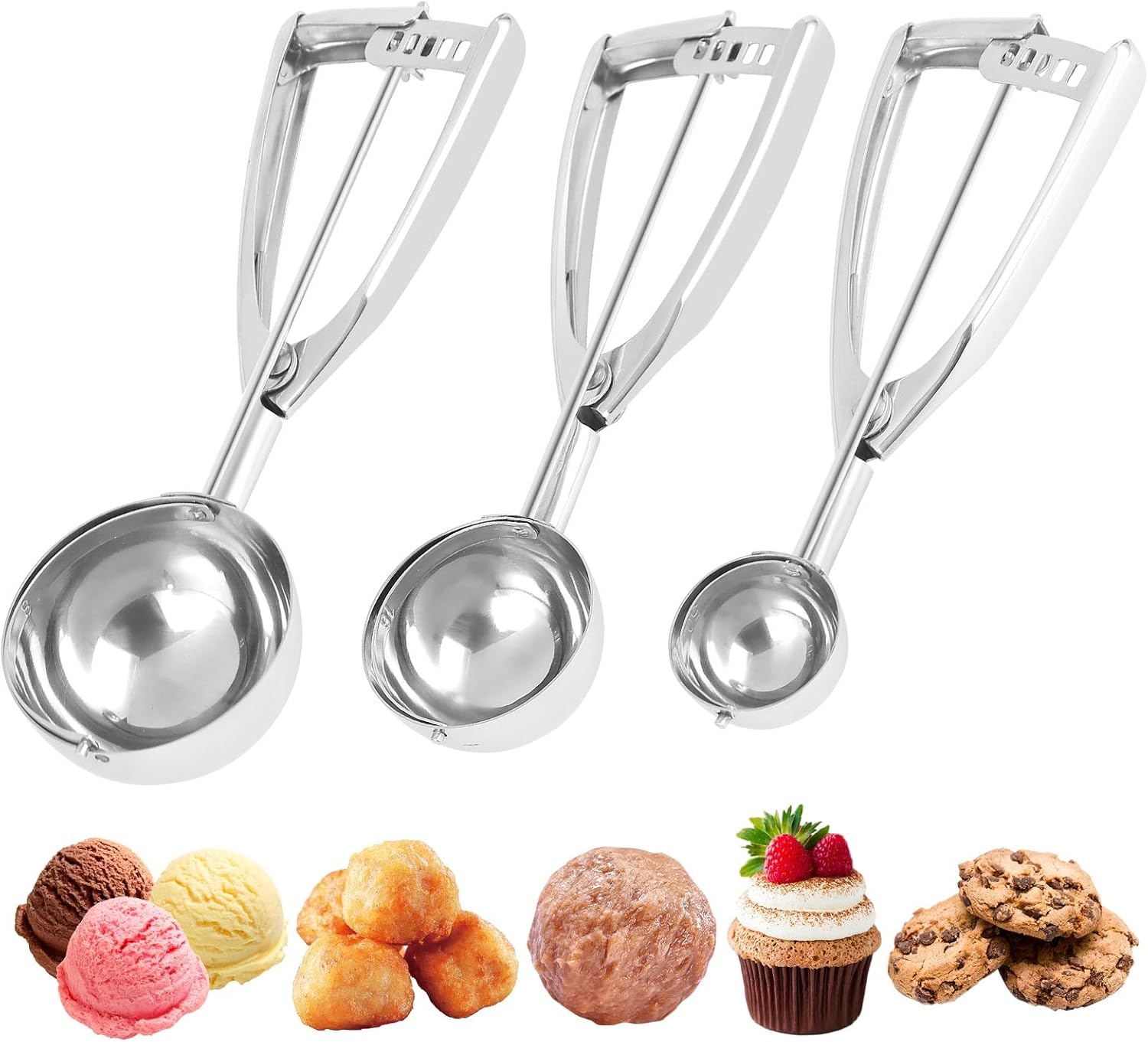 Ice Cream Scoops Set 3 PCS Cookie Scoops for Baking, Fits Right & Left Handed, Stainless Steel Cookie Dough Scoop, Melon Baller Scoop Cupcake Muffin Scoop (4oz +2oz +0.8oz)