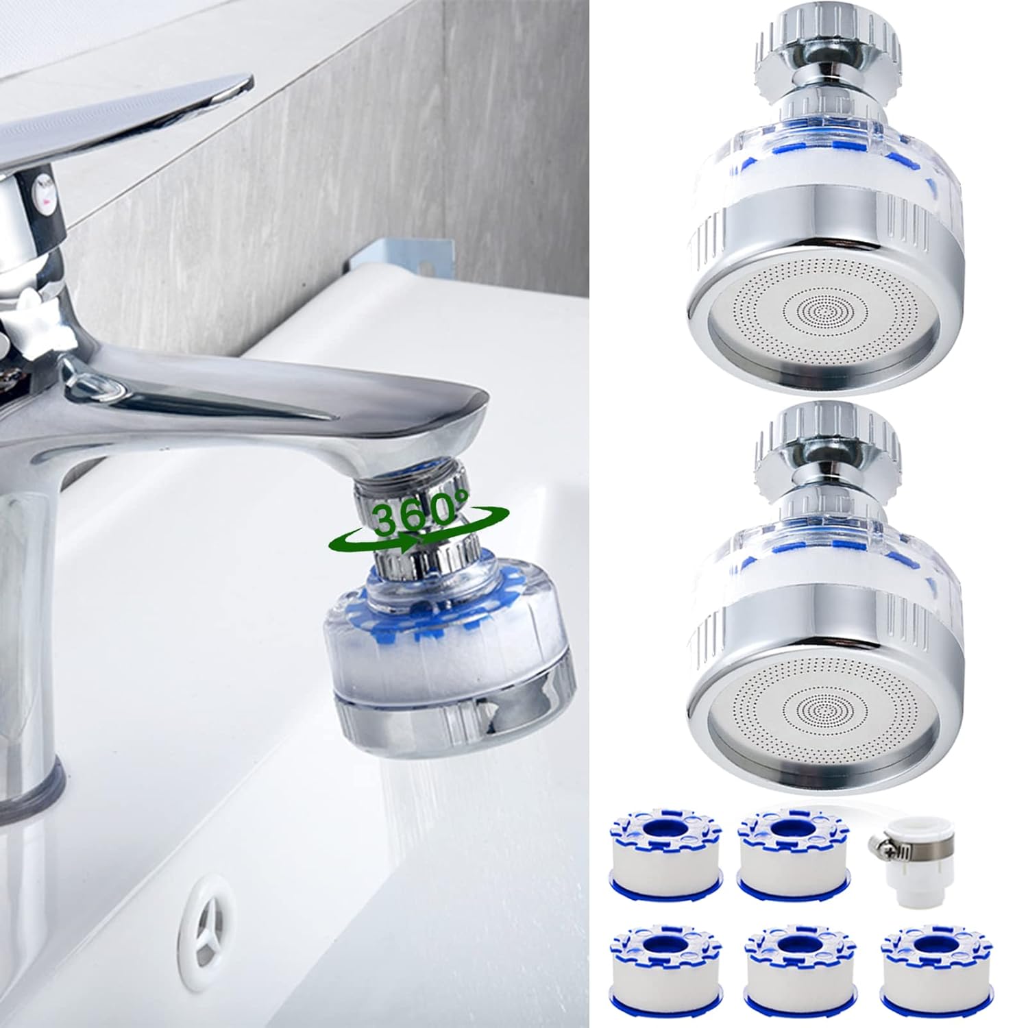 Faucet Water Filter, 360 Degree Rotating Mount Filters Purifier Kitchen Tap Filtration Removes Chlorine Fluoride Heavy Metals Hard for Home Bathroom & Kitchen(2 Pcs).,Black,Yellow