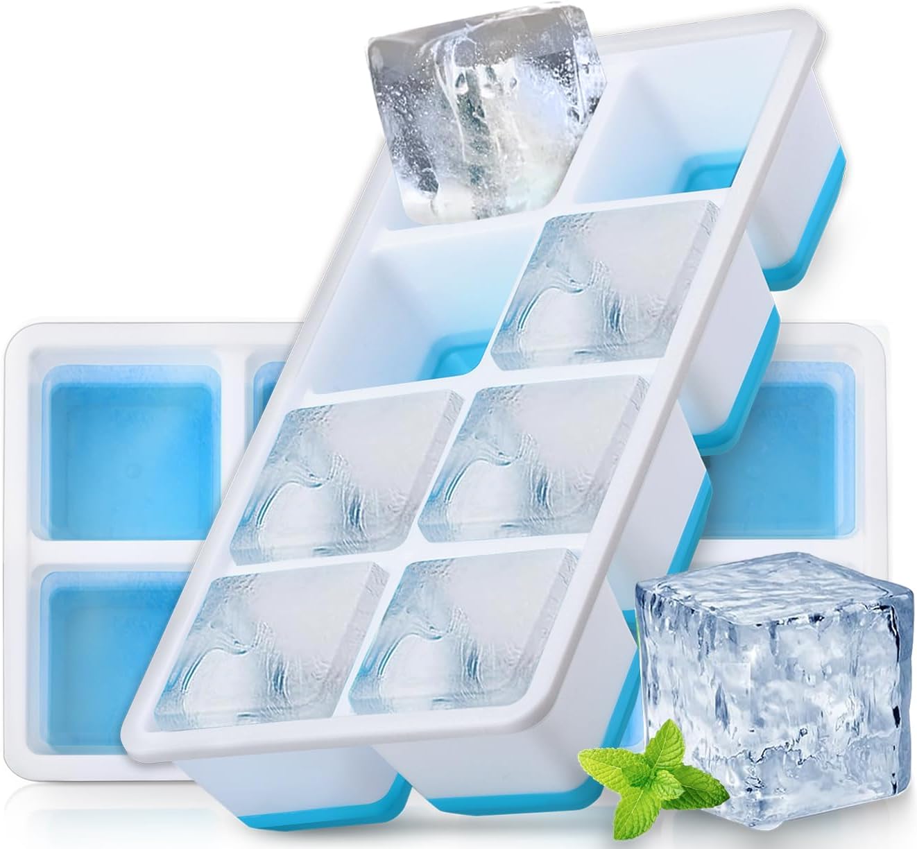 Large Ice Cube Mold with Lid, 2 Pack Silicone Big Square Ice Cube Trays with Lids BPA Free, Easy-Release & Stackable Big Ice Cube Tray for Freezer Cocktail Whiskey Coffee