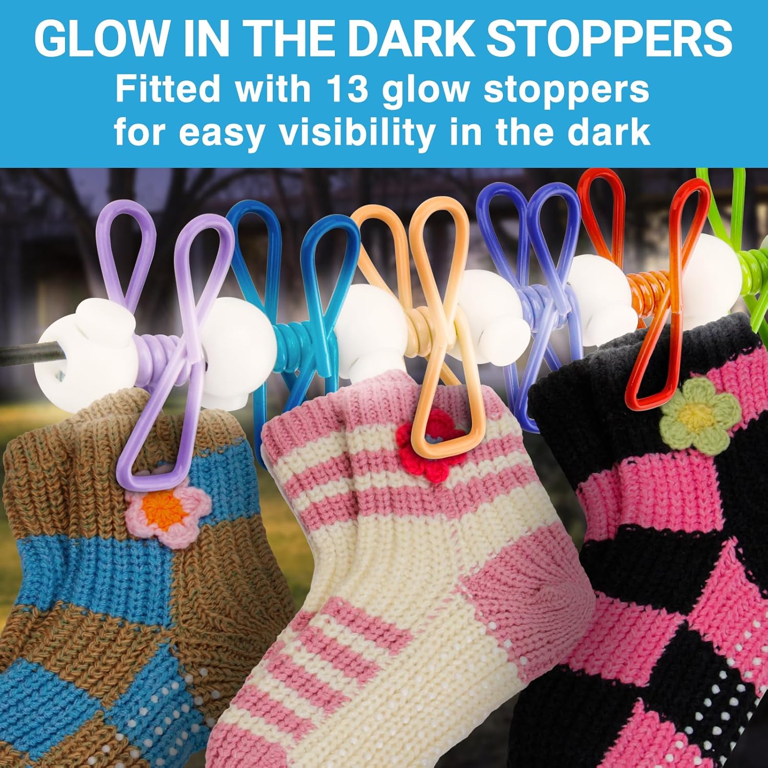 Retractable Travel Clothesline - Glow in The Dark Portable Clothes Line - 7.5ft/2.2m Camping Clotheslines for Outside