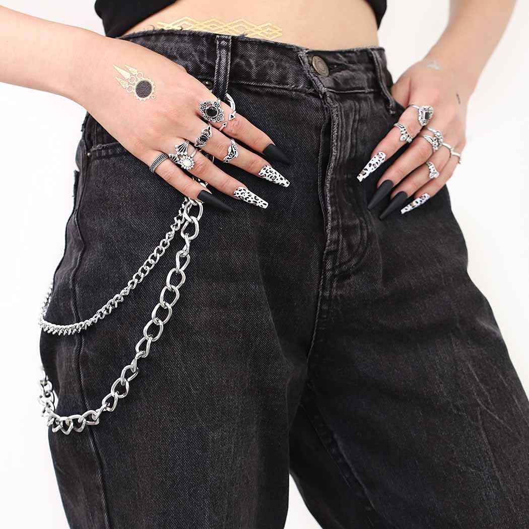 Bomine Hip Hop Pants Jean Chain Goth Punk Silver Trousers Chains Biker Heavy Thick Wallet Pocket Chains Silver Keychains Body Jewelry for Men and Women (Silver)