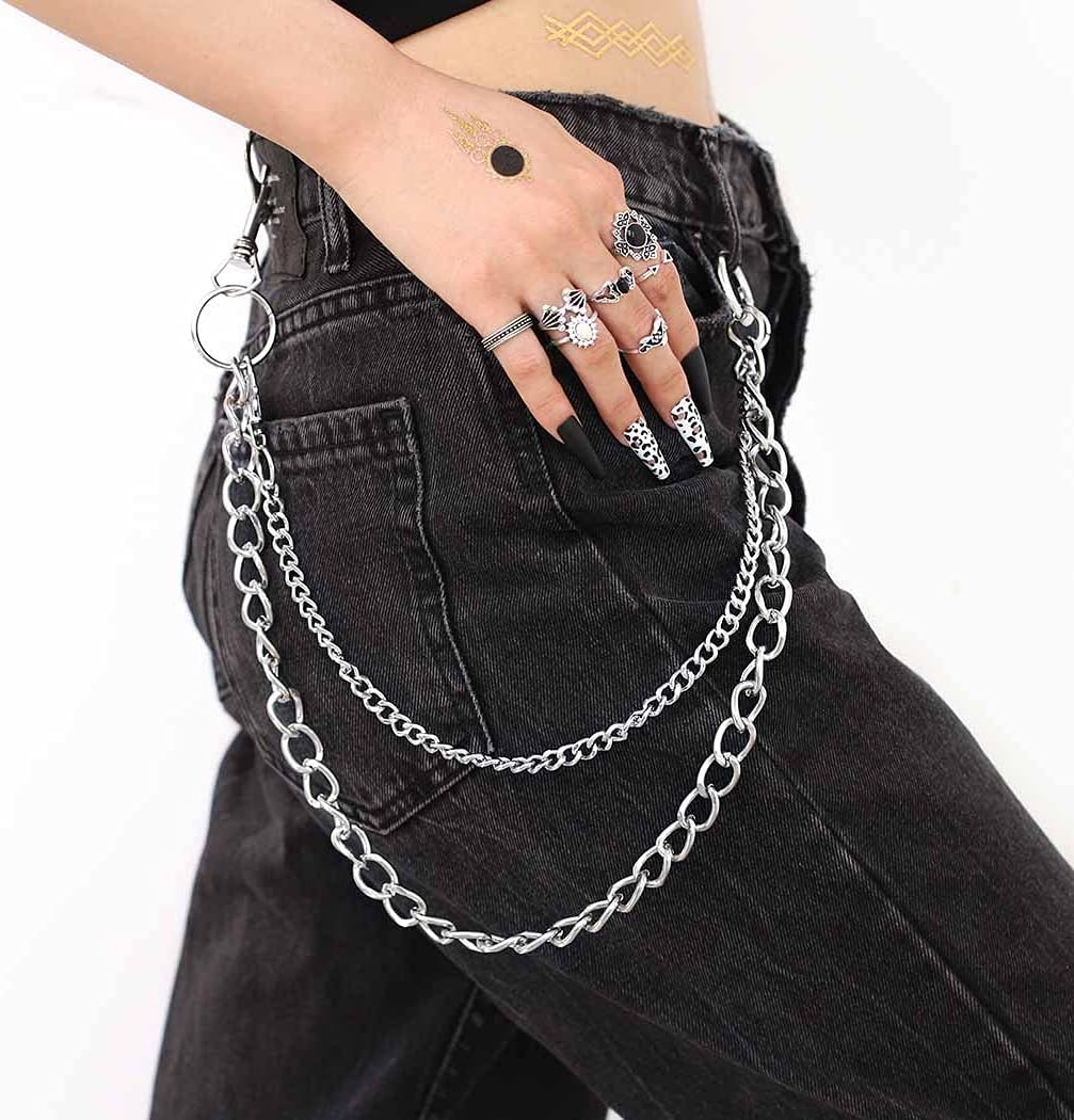 Bomine Hip Hop Pants Jean Chain Goth Punk Silver Trousers Chains Biker Heavy Thick Wallet Pocket Chains Silver Keychains Body Jewelry for Men and Women (Silver)