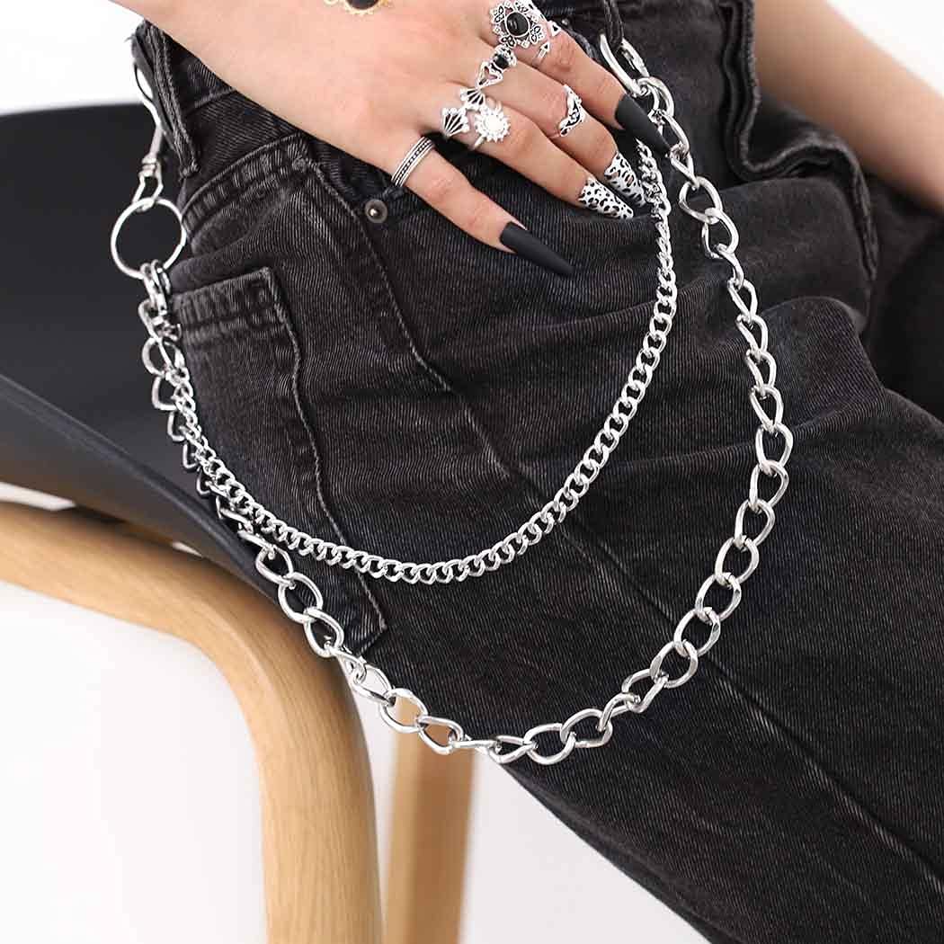 Bomine Hip Hop Pants Jean Chain Goth Punk Silver Trousers Chains Biker Heavy Thick Wallet Pocket Chains Silver Keychains Body Jewelry for Men and Women (Silver)