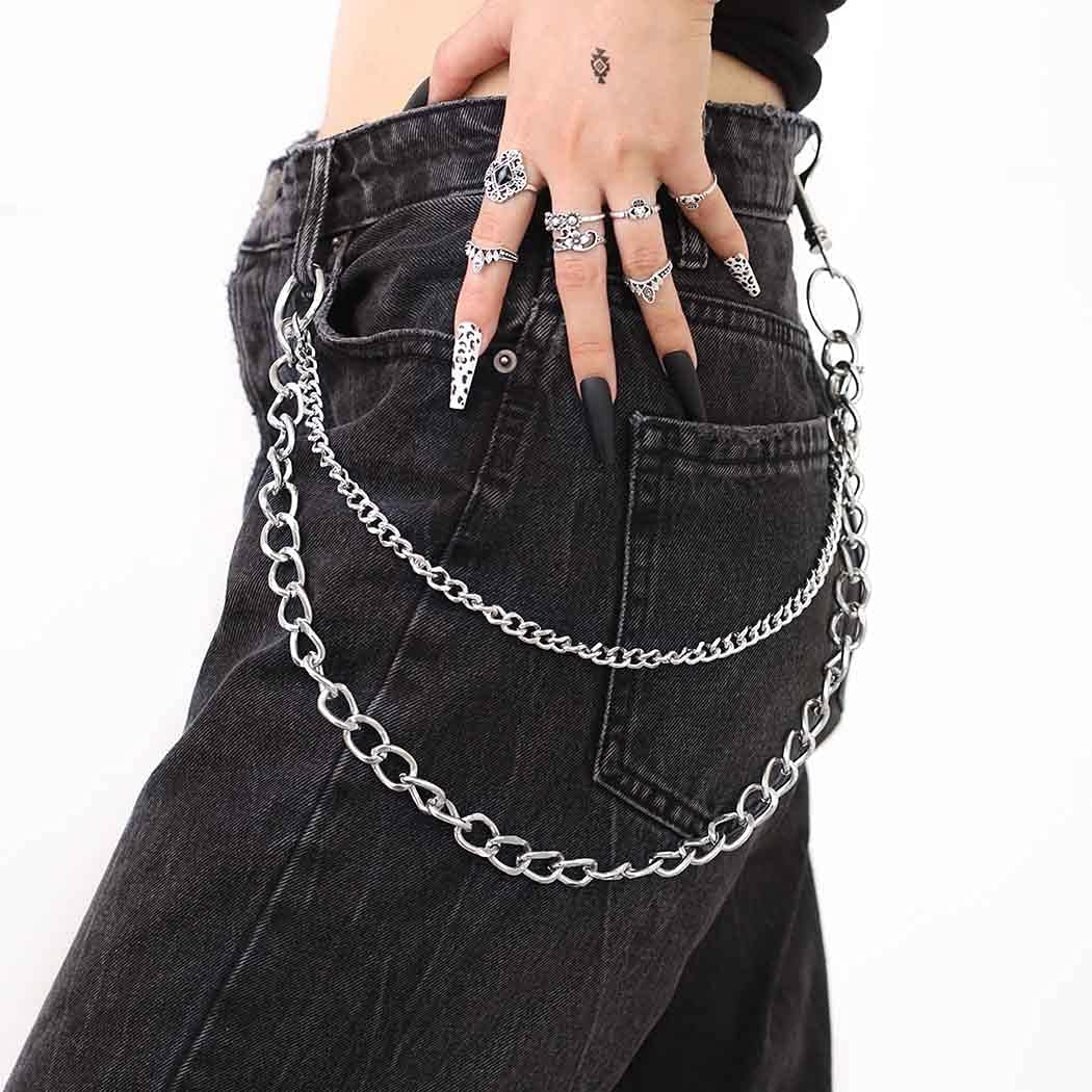 Bomine Hip Hop Pants Jean Chain Goth Punk Silver Trousers Chains Biker Heavy Thick Wallet Pocket Chains Silver Keychains Body Jewelry for Men and Women (Silver)