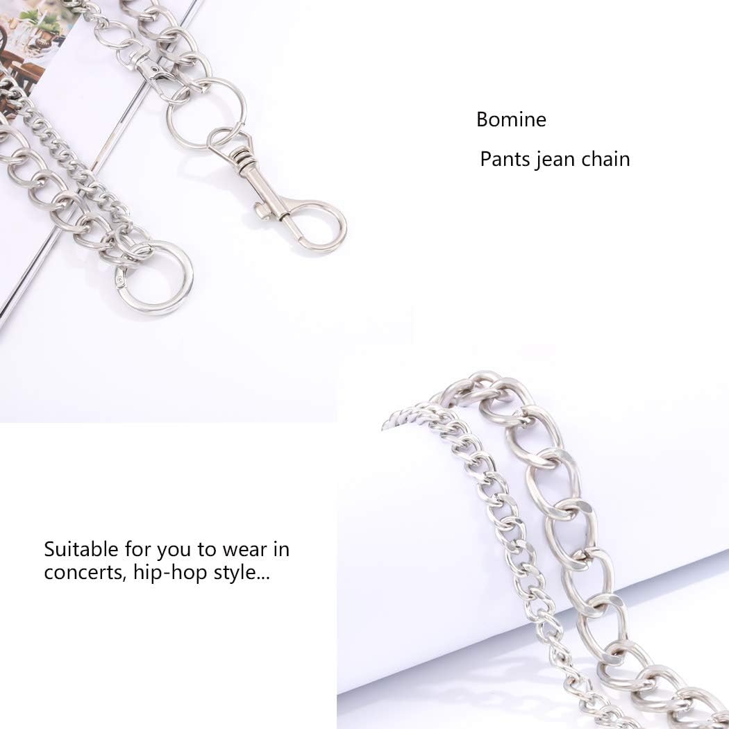 Bomine Hip Hop Pants Jean Chain Goth Punk Silver Trousers Chains Biker Heavy Thick Wallet Pocket Chains Silver Keychains Body Jewelry for Men and Women (Silver)