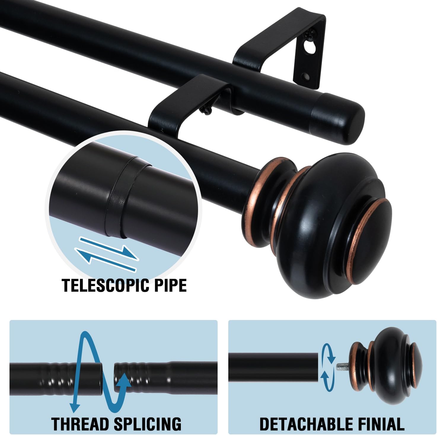 Double Curtain Rods for Windows 16.2 to 90.6 Inches 3/4 inch Diameter Adjustable Decorative Telescoping Rod with Brackets Heavy Duty Splicing Rods