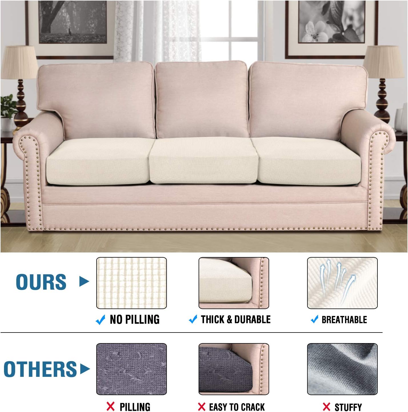 High Stretch Individual Seat Cushion Covers Sofa Slipcovers Couch Featuring Jacquard Textured Twill Fabric (3 Pack for 3 Sofa