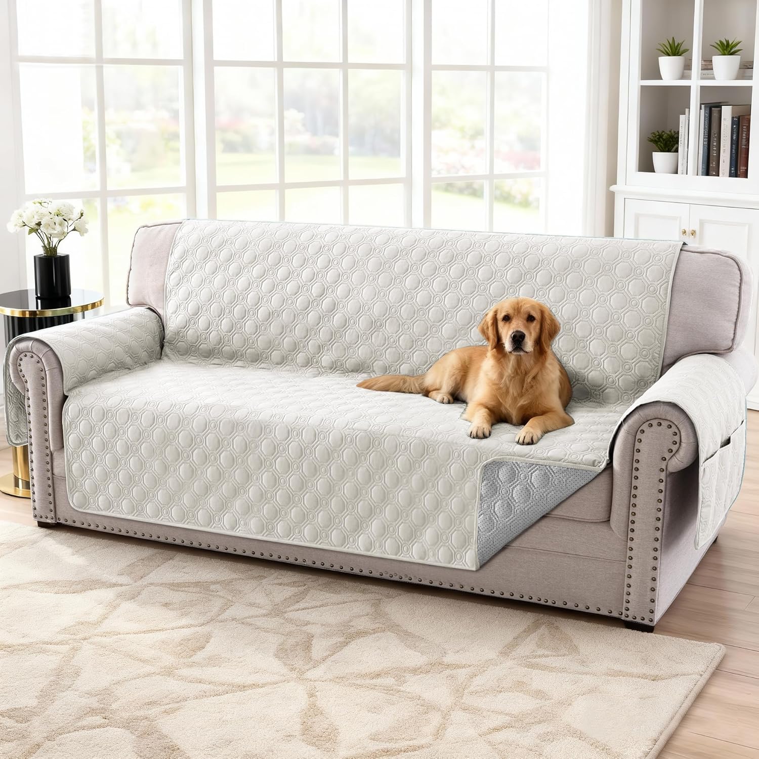 100% Waterproof Couch Cover for 3 Cushion Sofa Washable Pet Friendly with Elastic Straps Thick Durable Storage Pocket(XL Sofa