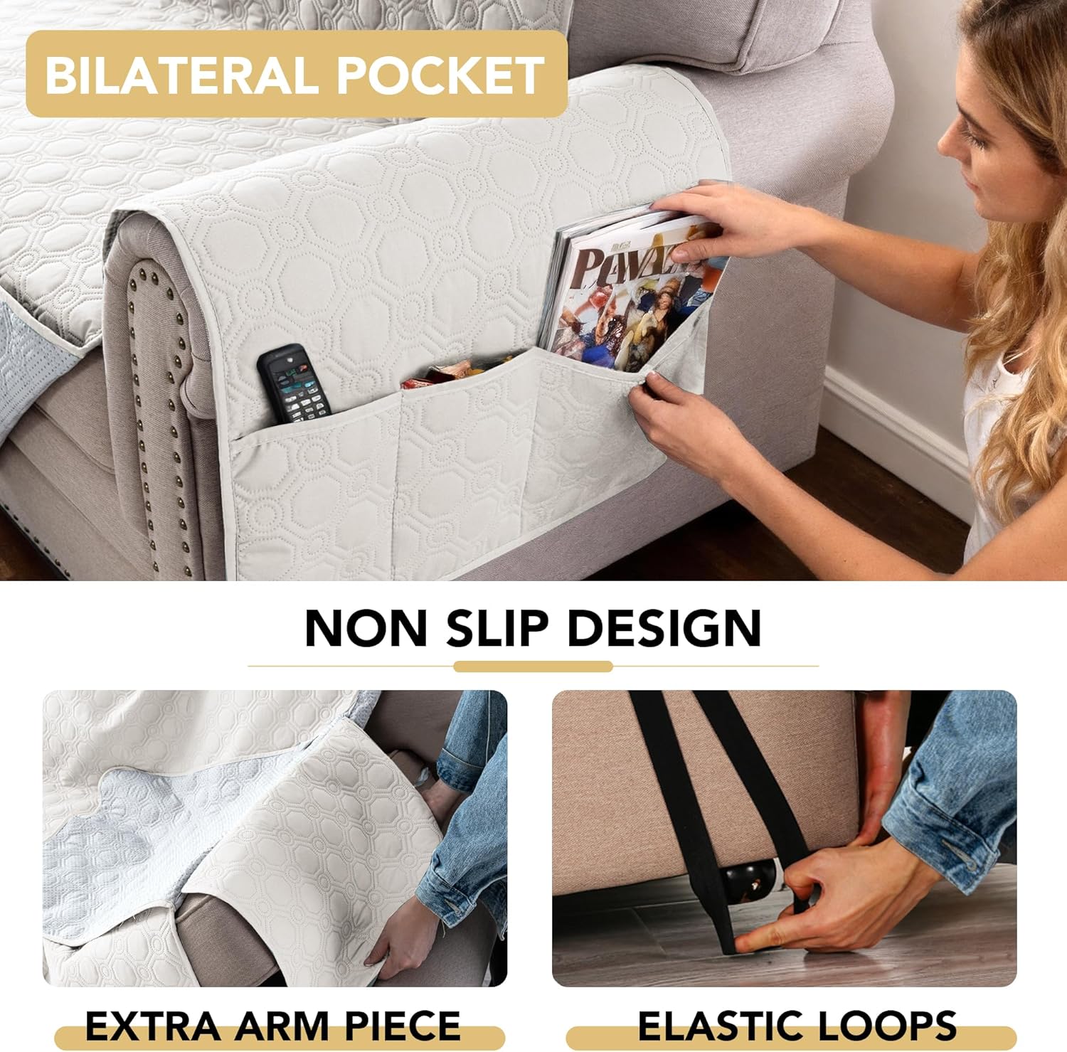 100% Waterproof Couch Cover for 3 Cushion Sofa Washable Pet Friendly with Elastic Straps Thick Durable Storage Pocket(XL Sofa