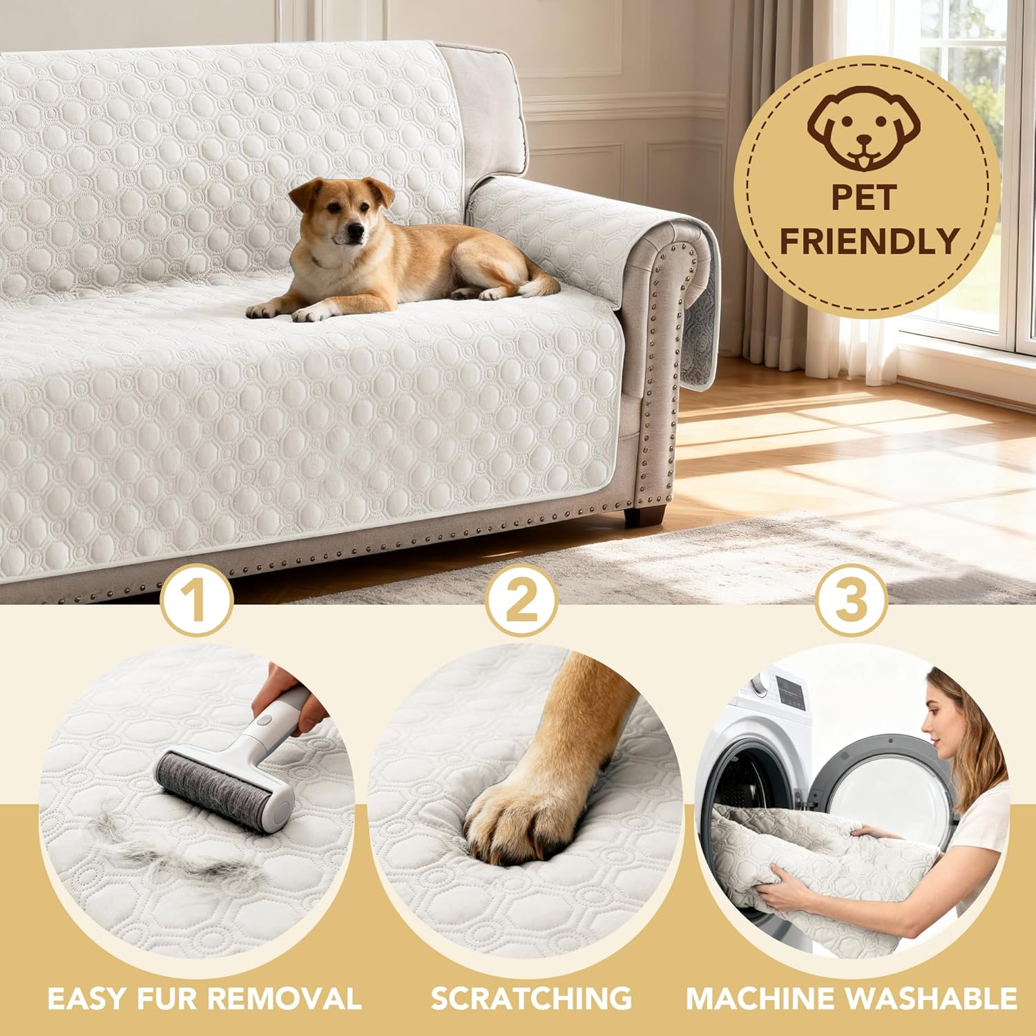 100% Waterproof Couch Cover for 3 Cushion Sofa Washable Pet Friendly with Elastic Straps Thick Durable Storage Pocket(XL Sofa