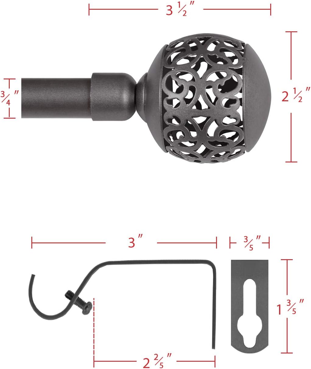 Window Treatment Single Curtain Rod Set Telescoping with Carved Hollow Ball Finials