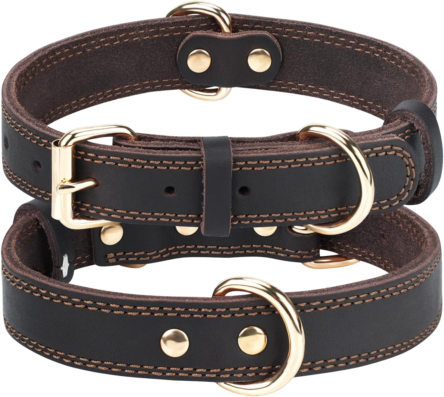 Genuine Leather Dog Collar for Large Dogs, Heavy Duty Thick Solid Power Breeds, Sturdy Adjustable Pet with Metal Pin Buckle, Durable Daily Walking, Brown, L Brown