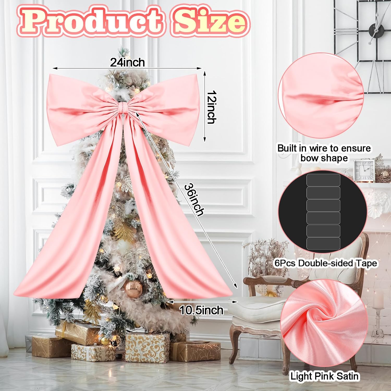 Large Pink Bow Decor Coquette Wall for Backdrop 24 x 36%27%27 Big Giant Satin Ribbon Tie Birthday Wedding Bridal Baby Shower Party Ballerina Room Hanging Decoration(Lining Support) 36 Inches