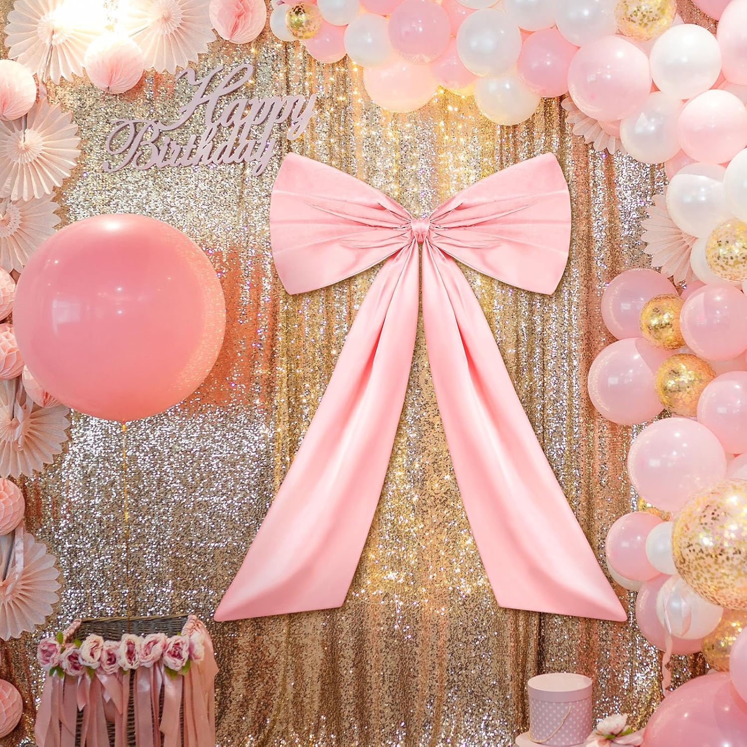 Large Pink Bow Decor Coquette Wall for Backdrop 24 x 36%27%27 Big Giant Satin Ribbon Tie Birthday Wedding Bridal Baby Shower Party Ballerina Room Hanging Decoration(Lining Support) 36 Inches