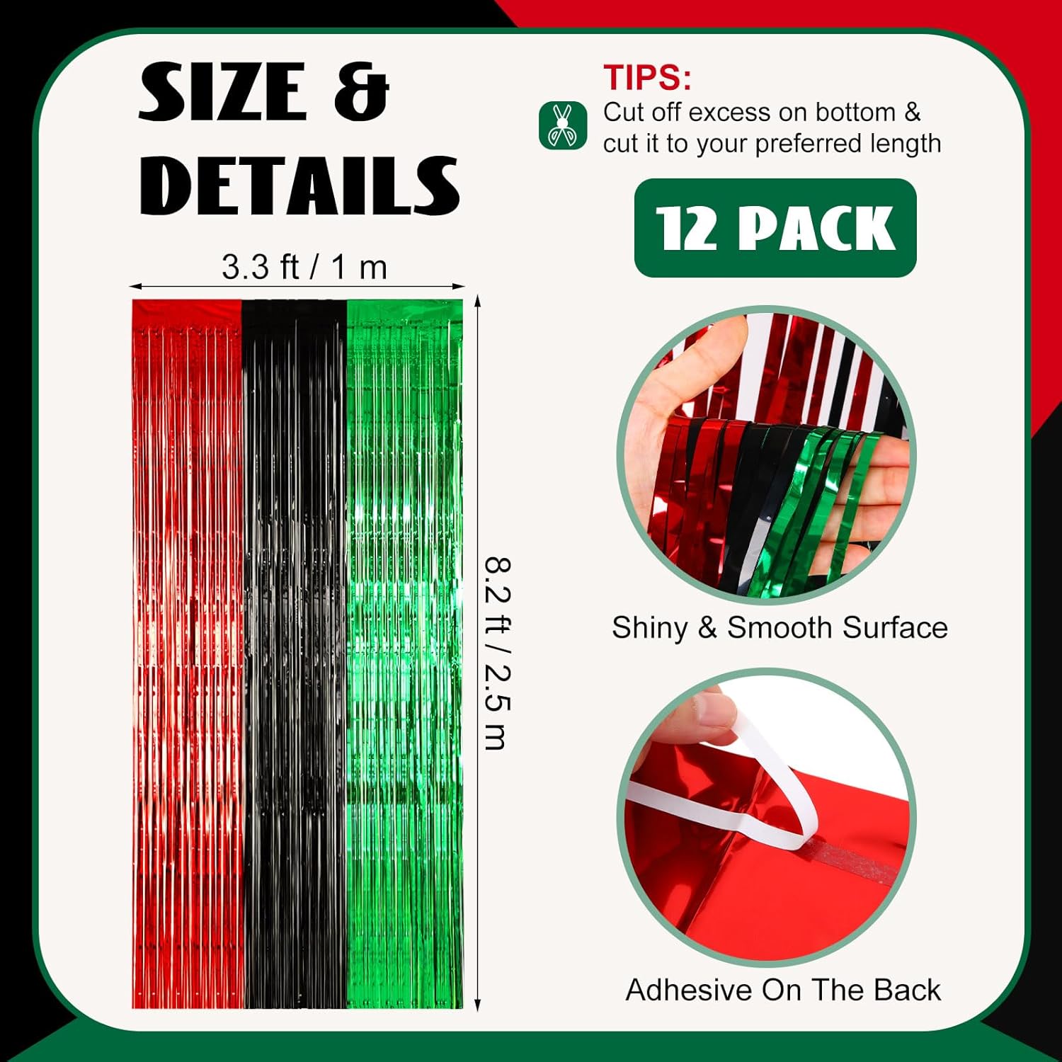 12 Pcs Juneteenth Party Decorations Freedom Day Foil Fringe Curtain Backdrop 100 x 39 Inch Metallic Tinsel Decor Black Red Green African American for Photo Props Red