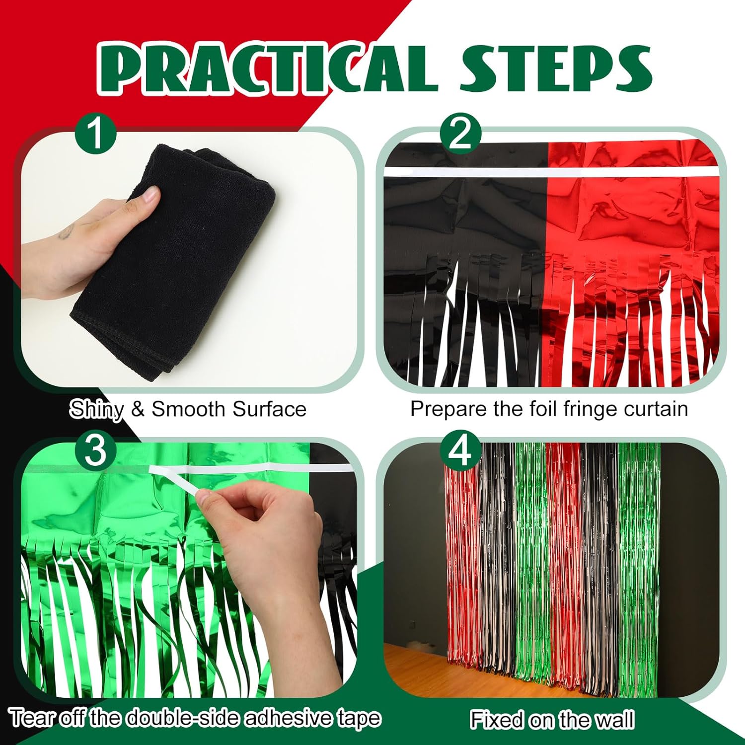 12 Pcs Juneteenth Party Decorations Freedom Day Foil Fringe Curtain Backdrop 100 x 39 Inch Metallic Tinsel Decor Black Red Green African American for Photo Props Red