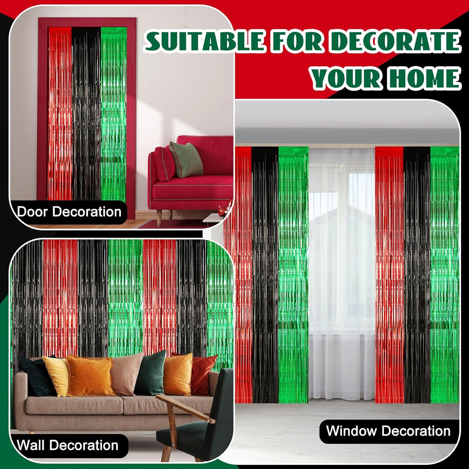12 Pcs Juneteenth Party Decorations Freedom Day Foil Fringe Curtain Backdrop 100 x 39 Inch Metallic Tinsel Decor Black Red Green African American for Photo Props Red