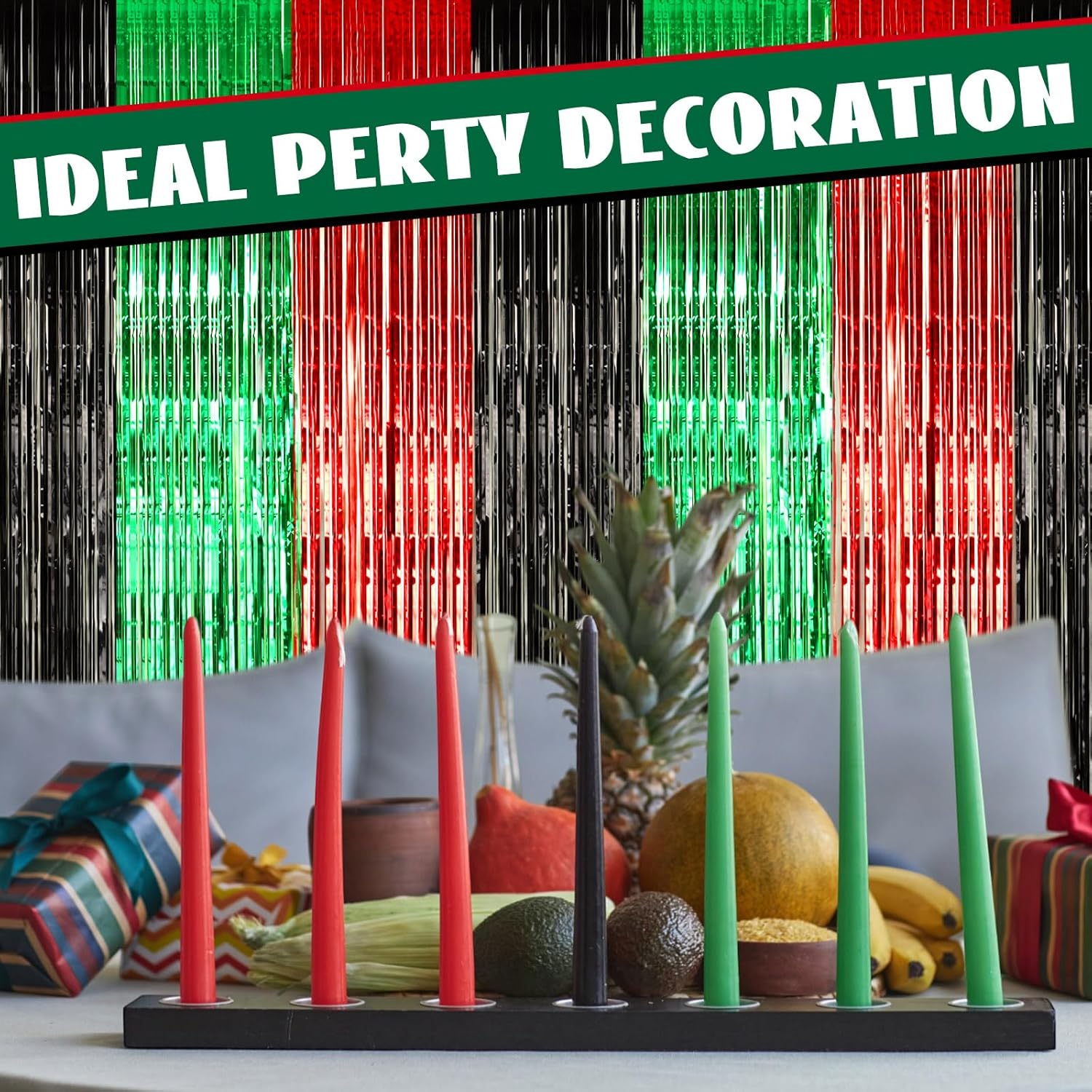 12 Pcs Juneteenth Party Decorations Freedom Day Foil Fringe Curtain Backdrop 100 x 39 Inch Metallic Tinsel Decor Black Red Green African American for Photo Props Red