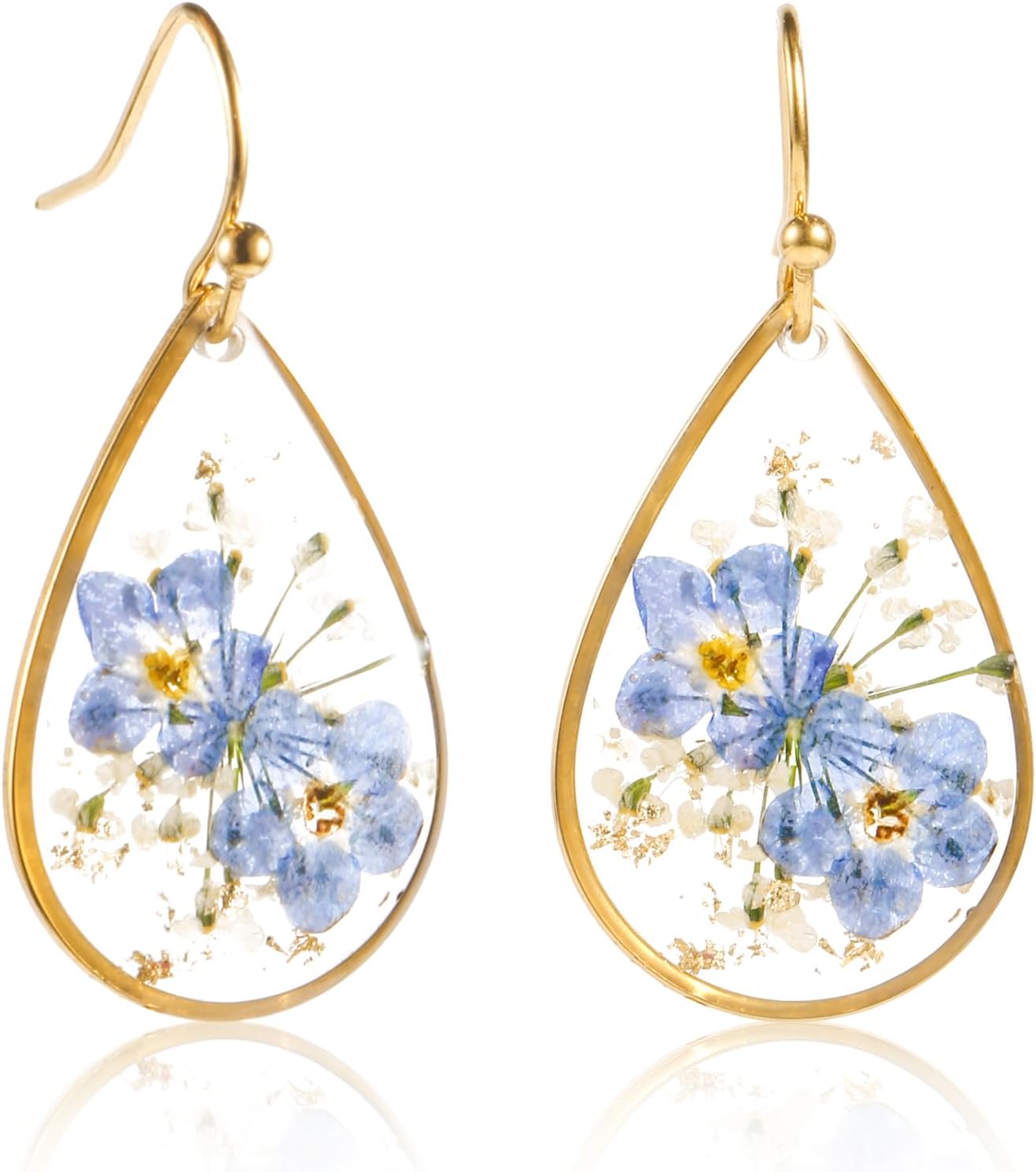 Flower Teardrop Earrings Forget Me Not 14K Gold Plated Dangle Elegant Sweet Pressed for Women Girls Tear Drop Jewelry -