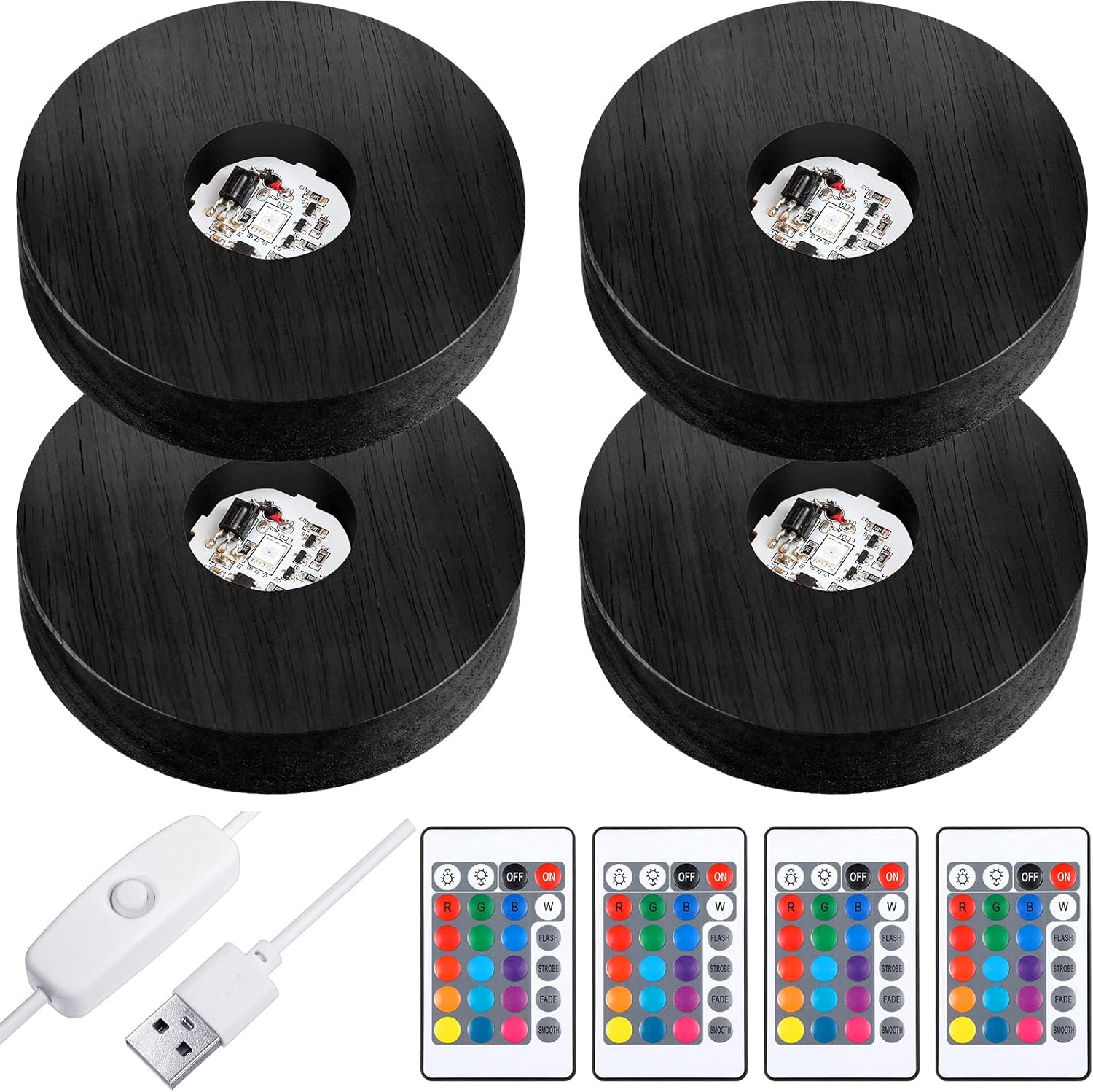 4 Pieces Wood LED Display Light Base Crystal Stand Remote Control Round 16 Lighting Modes Wooden Lighted Holder Colorful Pedestal for Glass Resin Ball(Black) black - 4 Pieces Wood LED Display Light Base Crystal Stand Remote Control Round 16 Lighting Modes Wooden Lighted Holder Colorful Pedestal for Glass Resin Ball(Black) black -