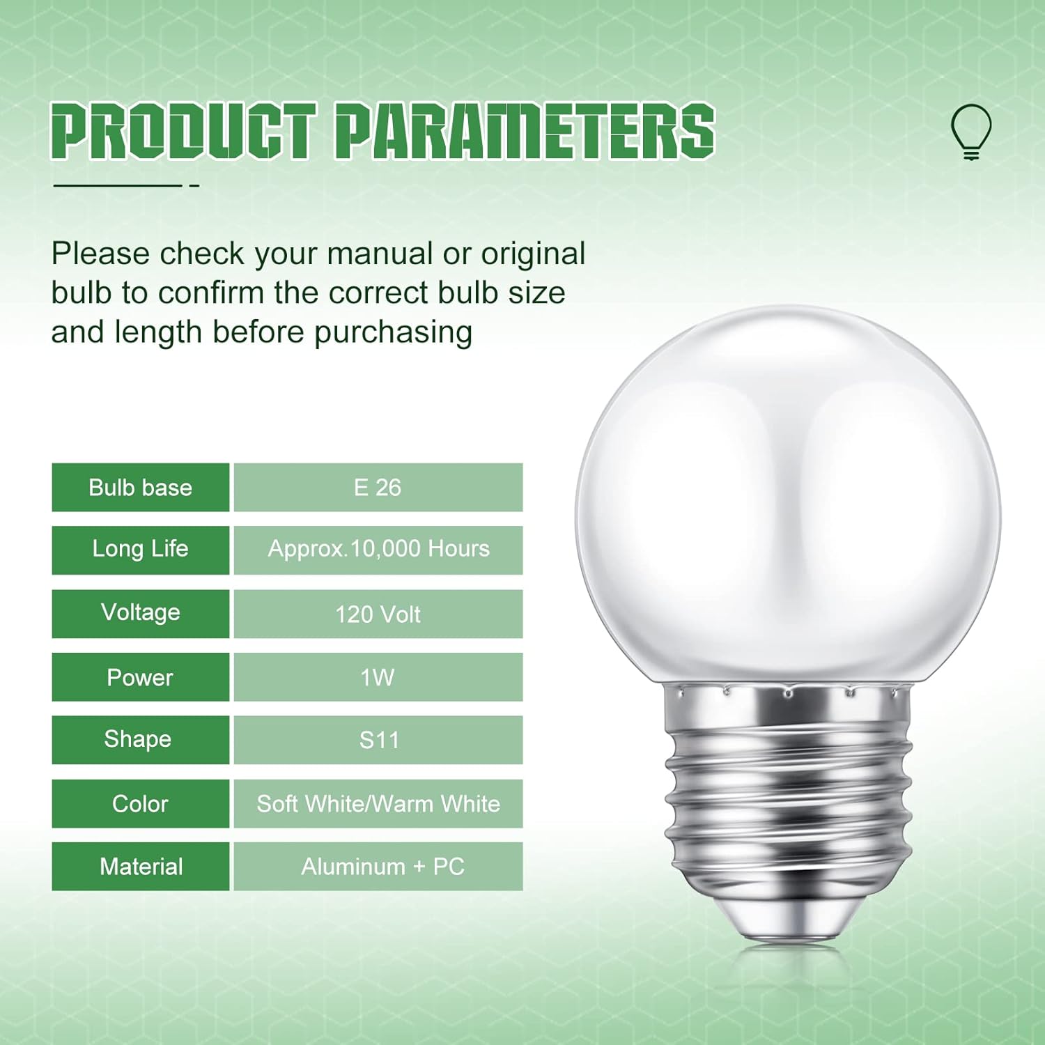 LED Night Light Bulb 1 Watt Low Wattage Bulbs 7.5 Equivalent 4511220 Lighting S11 White Lightbulb Small Globe with E26 Medium Base G45 2700k Not Dimmable for Outdoor Christmas