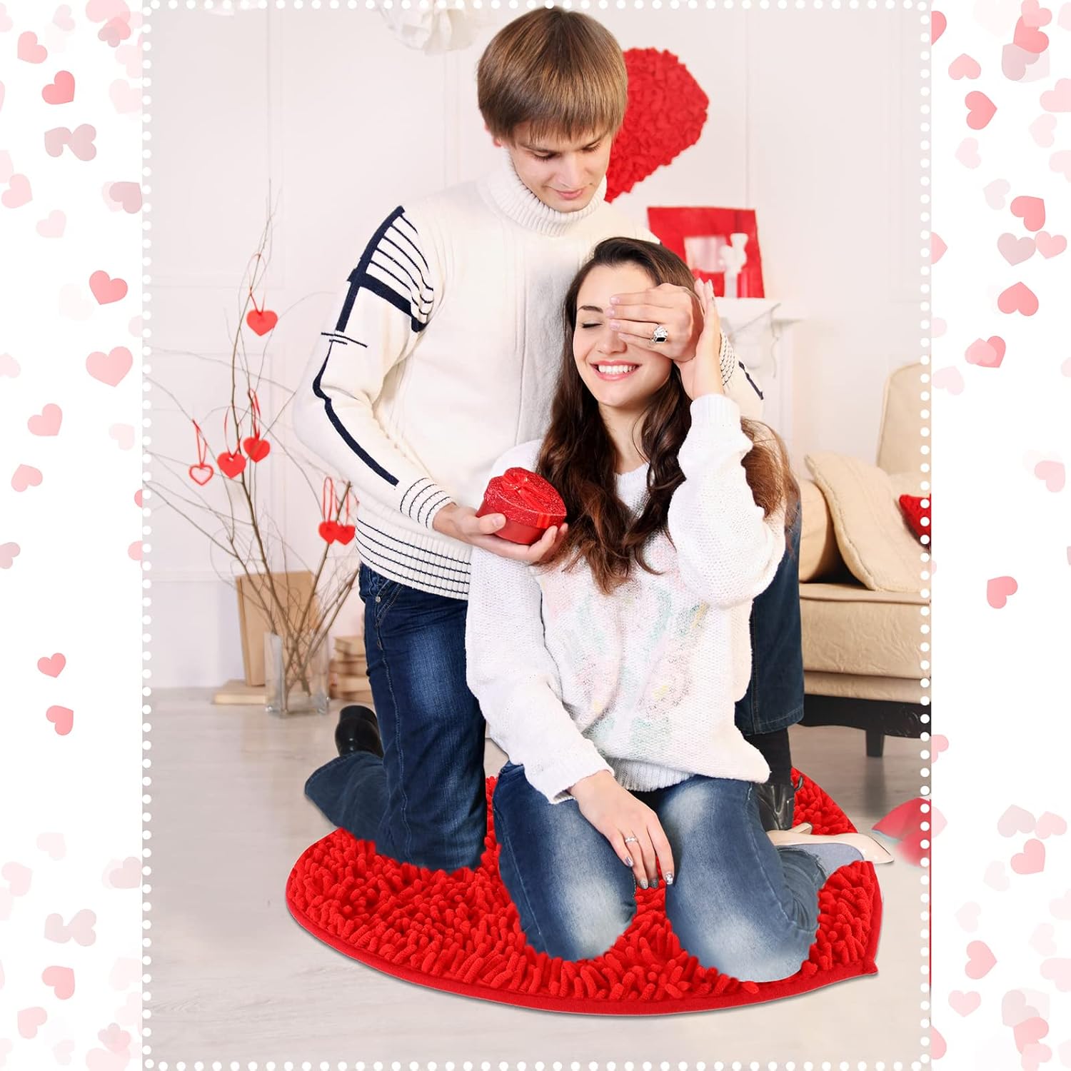 2 Pieces Valentine%27s Day Heart Rug Bath Mat Shaped Door Bathroom Area Set for Shower Bedroom Kitchen Decor