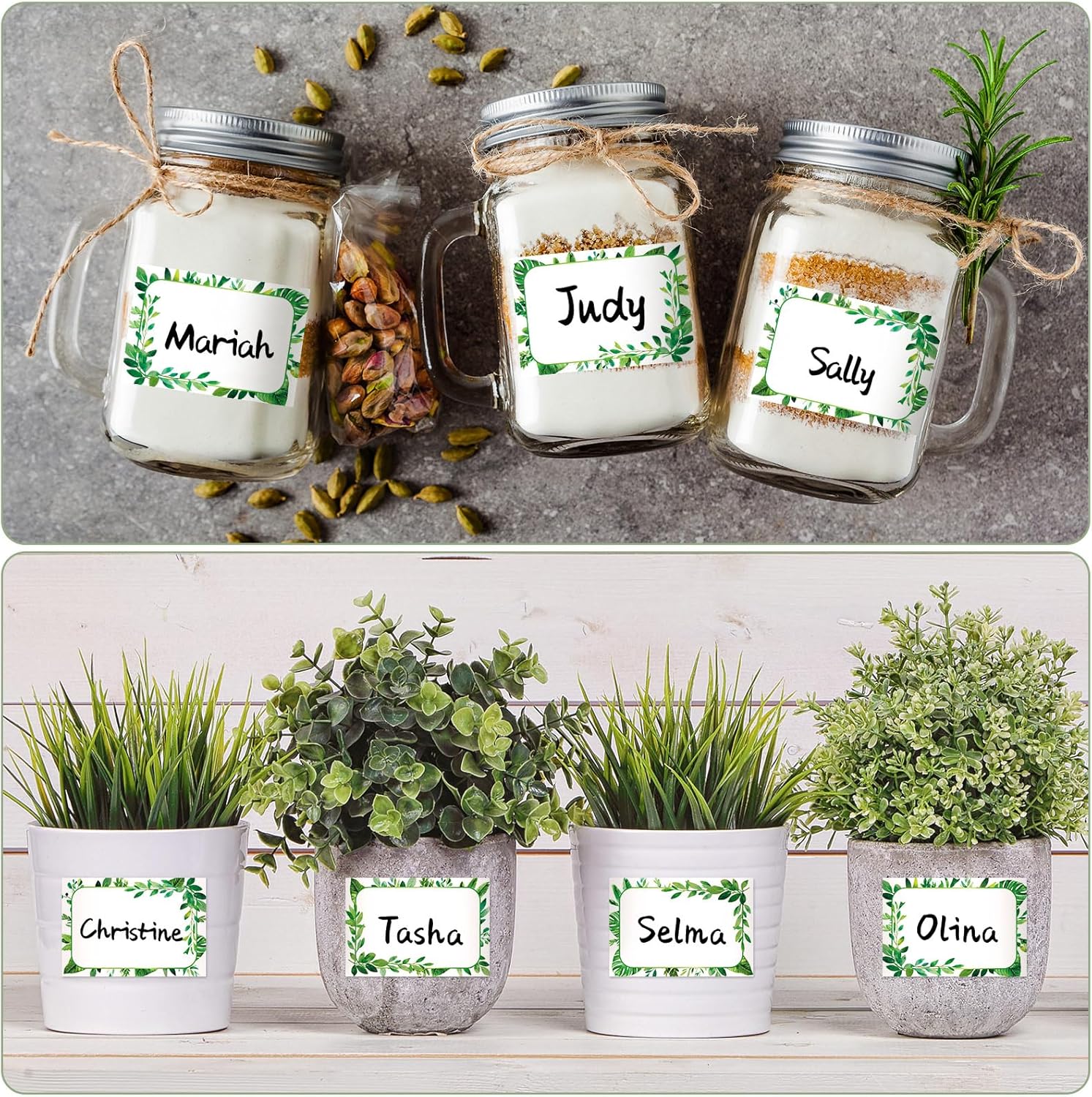240 Pcs Greenery Name Tags Stickers Spring Green Leaves Border Tag Labels Party Personalized for Themed Office Home