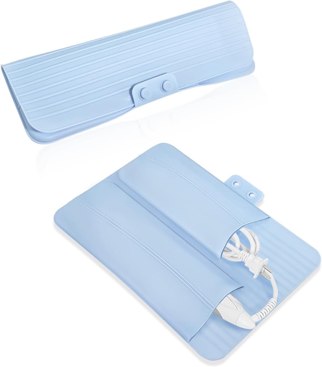 2-in-1 Heat Resistant Silicone Mat Travel Case, Soft Folding Storage Bag with 2 Pockets for Curling Iron, Flat Hair Straightener Non-Slip, Portable Hot Styling Tools(Blue)