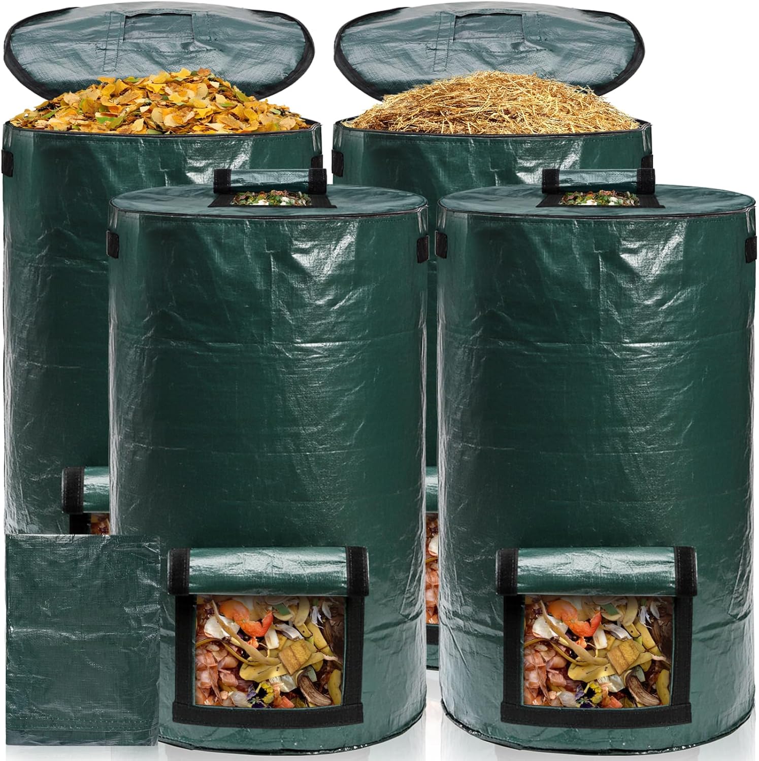 4 Pack 34 Gallons Reusable Yard Waste Bags, Leaf Lawn Collector Containers with Lid and Handles, Heavy Duty Collapsible Compost Bins Bottom Window for Outdoor Debris Wet Leaves Grass