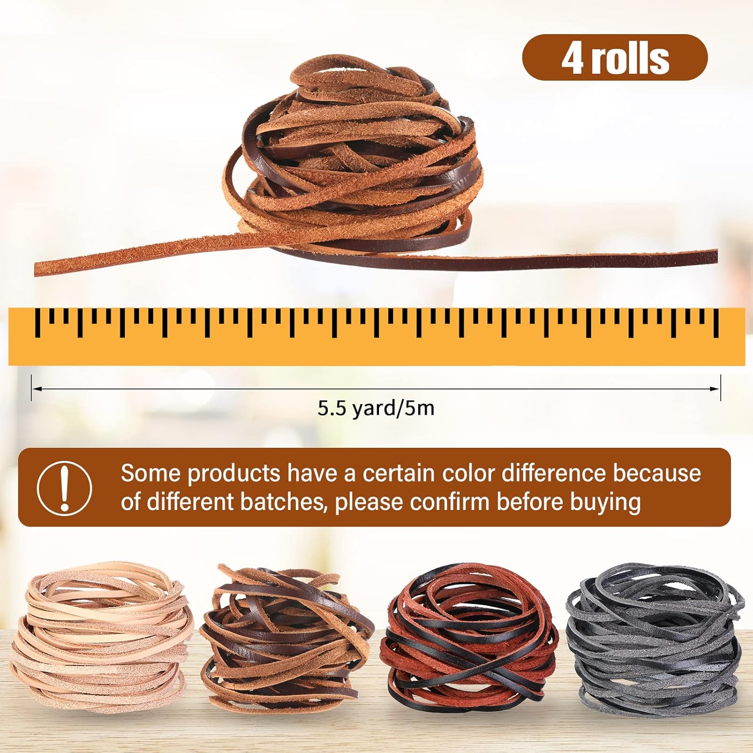 Cowhide rope - 4 rolls - 3mm - 5 meters - Real leather rope - Natural edge strip - Braided rope - Leather strip - DIY jewelry accessories - Braided bracelet - Handbag - 4 colours
