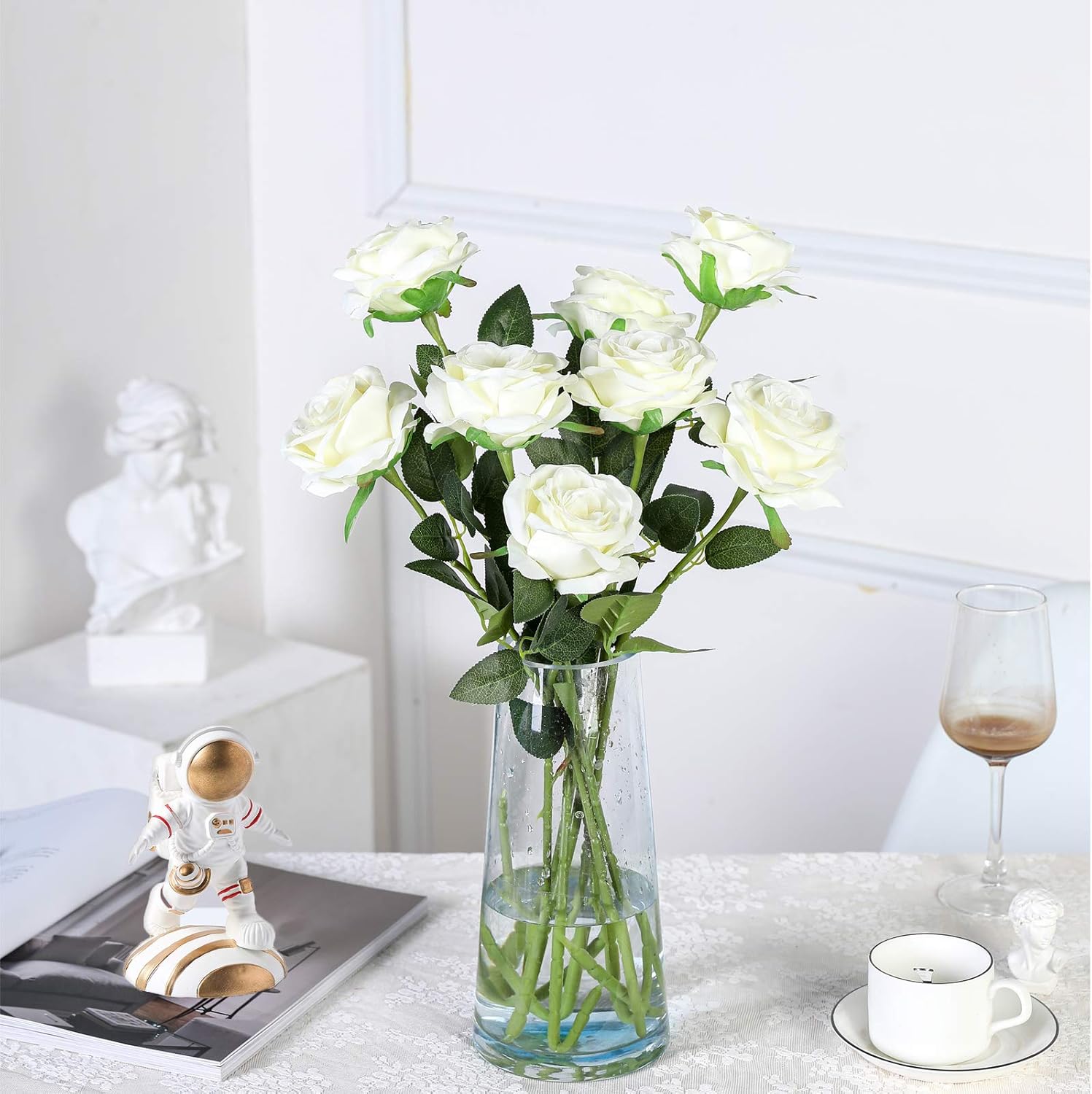 Artificial Flowers - 12 pieces - Rayon Flowers - Realistic Rose Bouquet - Long Stems - Suitable for Home - Wedding - Party - Decoration - White