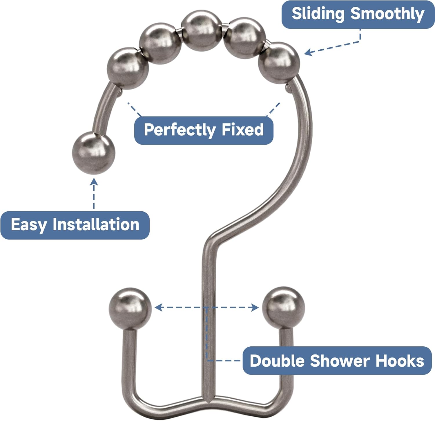 Shower Curtain Hooks - Stainless Steel - Metal - Double Sliding Clasp - Shower Curtain Rings - Suitable for Bathrooms - Double Shower Curtains - Shower Curtains - 12-pack - Nickel-coloured