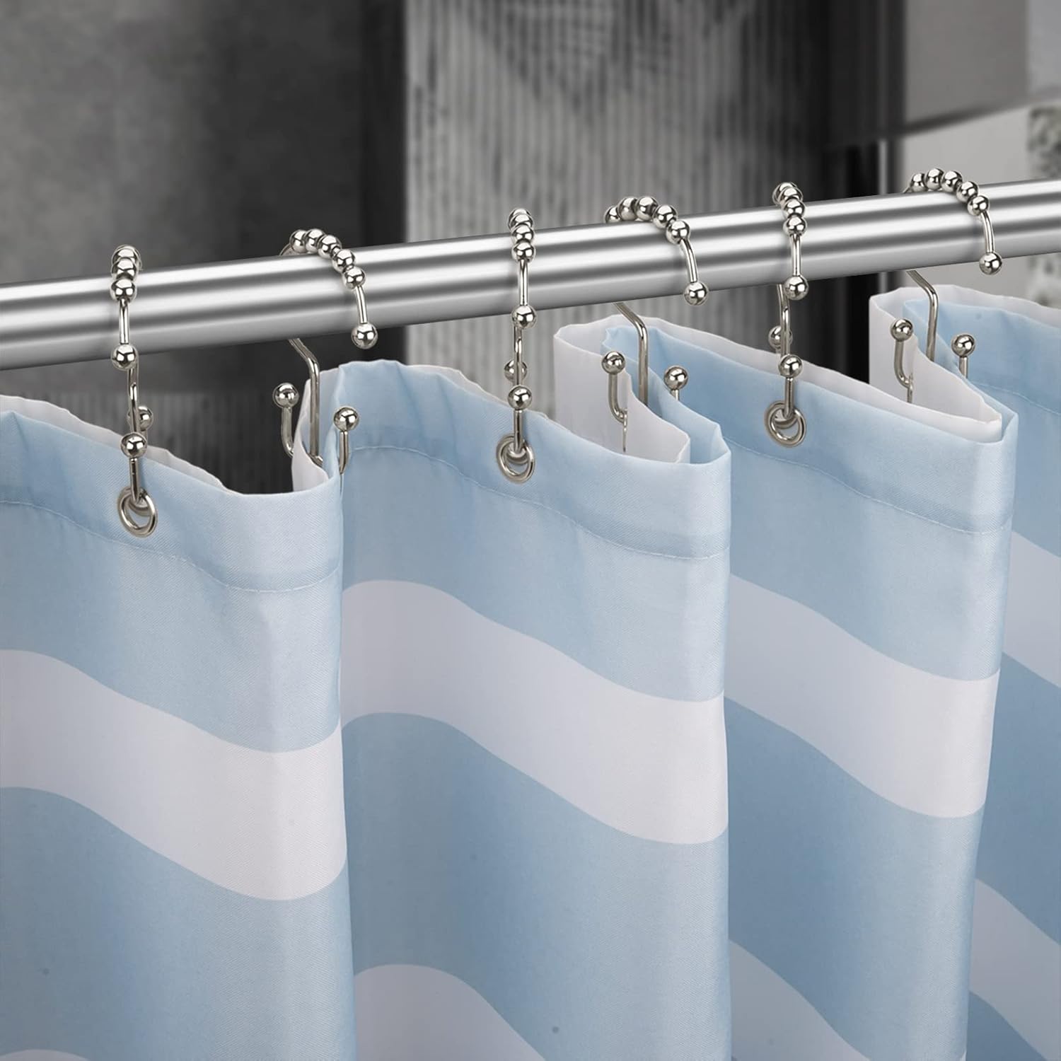 Shower Curtain Hooks - Stainless Steel - Metal - Double Sliding Clasp - Shower Curtain Rings - Suitable for Bathrooms - Double Shower Curtains - Shower Curtains - 12-pack - Nickel-coloured