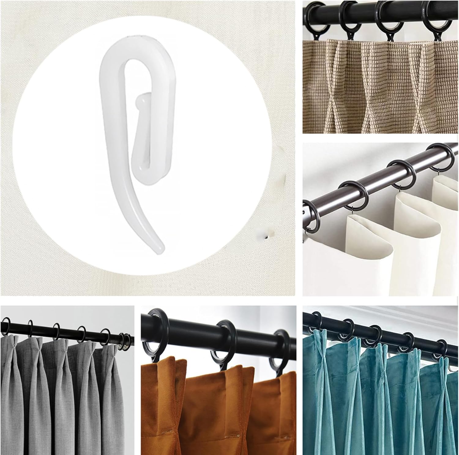 White plastic hooks for windows and door curtains - curtain hooks - suitable for windows