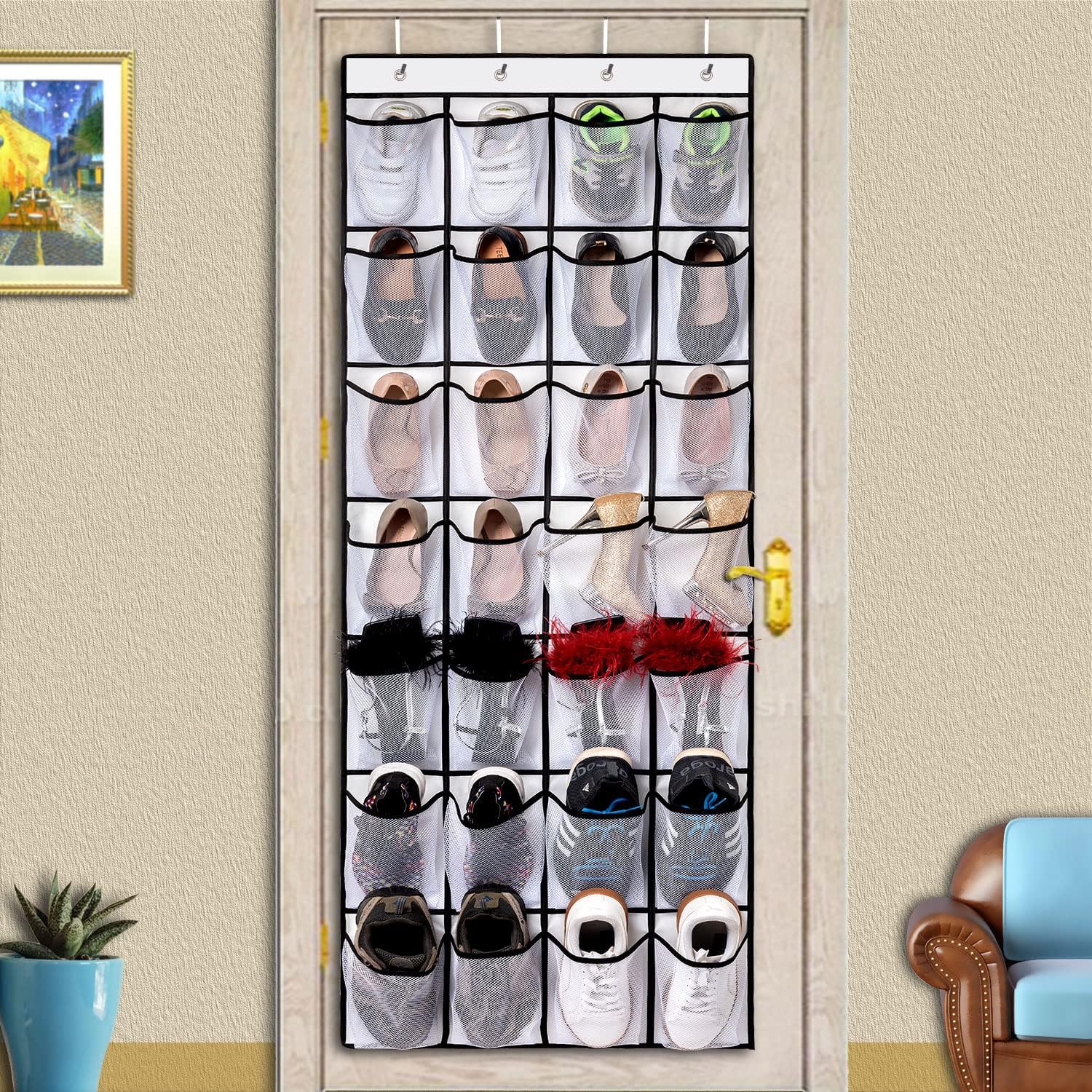 Hanging shoe bag organizer - 28-compartment shoe rack behind the door - transparent shoe rack - hanging shoe rack behind the door - large capacity shoe rack - with hooks