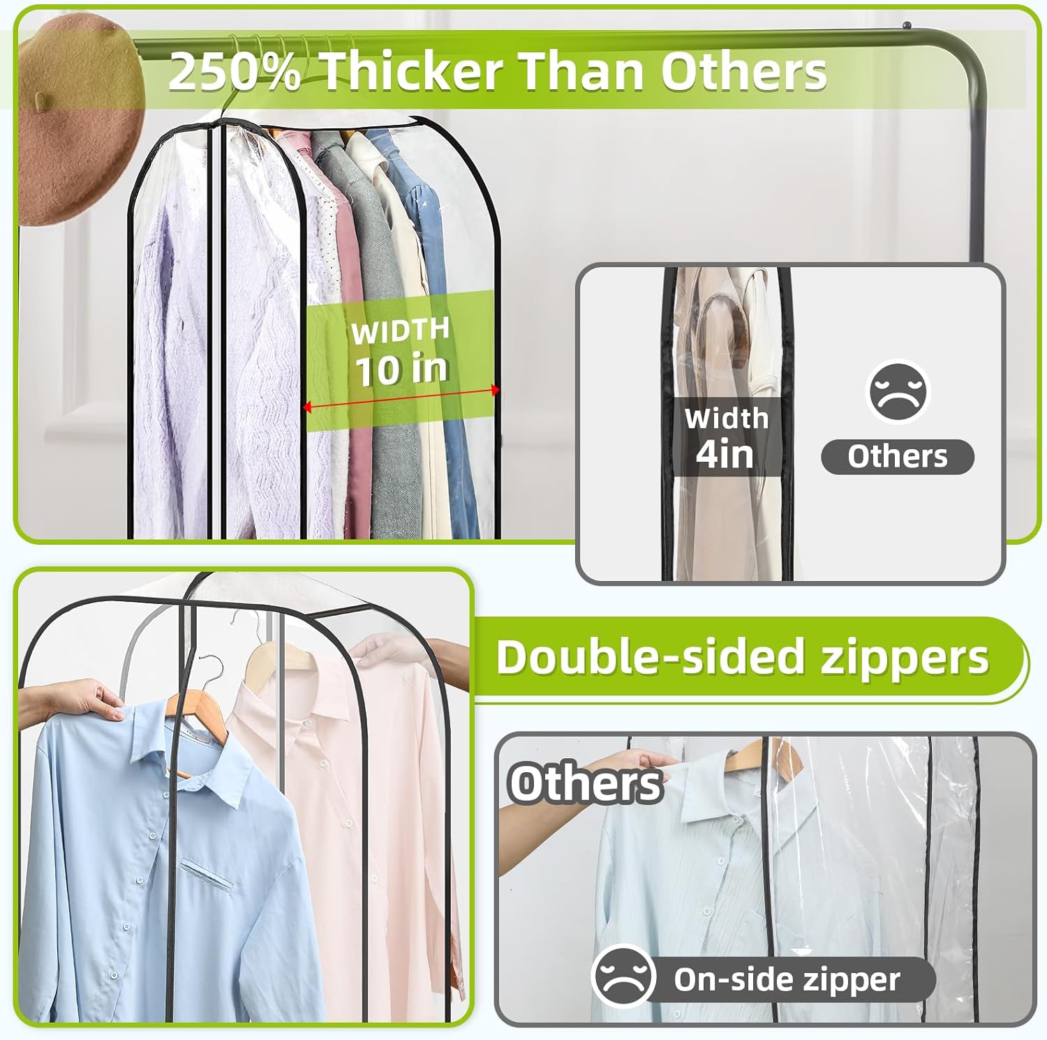 LANDNEOO 2 Pack Clear Garment Bags for Hanging Clothes with Zippers on Double Sides - 10%27%27 Clothes Storage for Coat