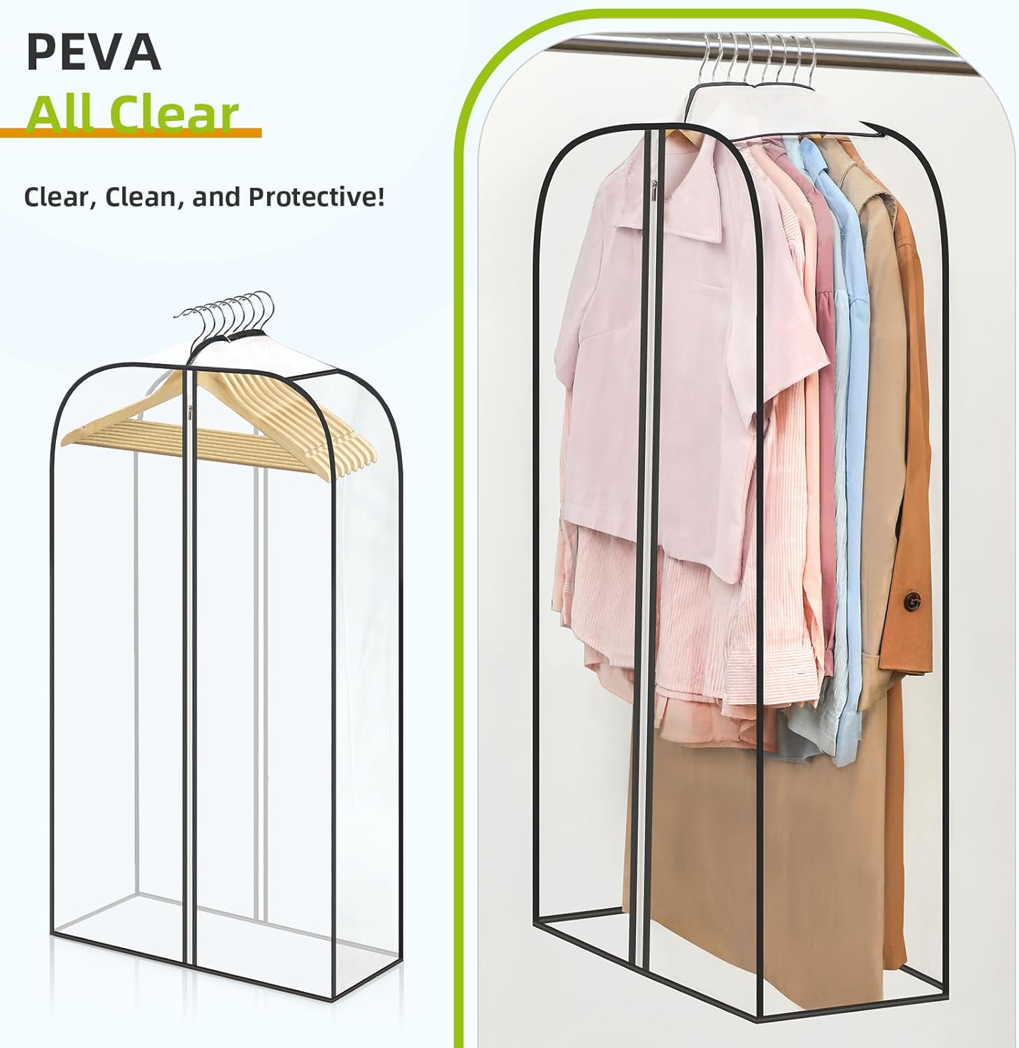 LANDNEOO 2 Pack Clear Garment Bags for Hanging Clothes with Zippers on Double Sides - 10%27%27 Clothes Storage for Coat